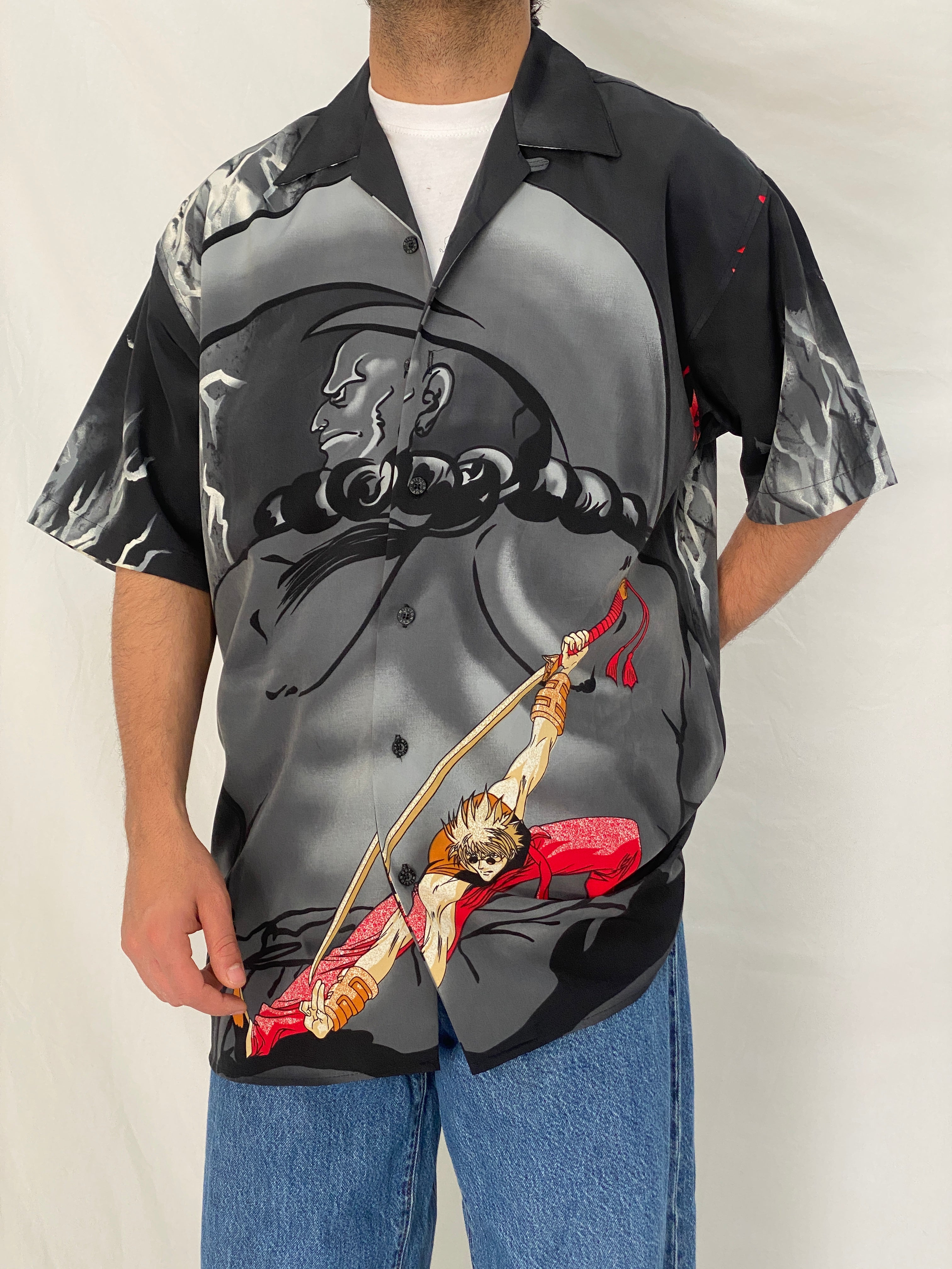 Vintage Y2K Million Guy Anime Graphic Button Up Shirt Black Grey Samurai Manga Shirt - M