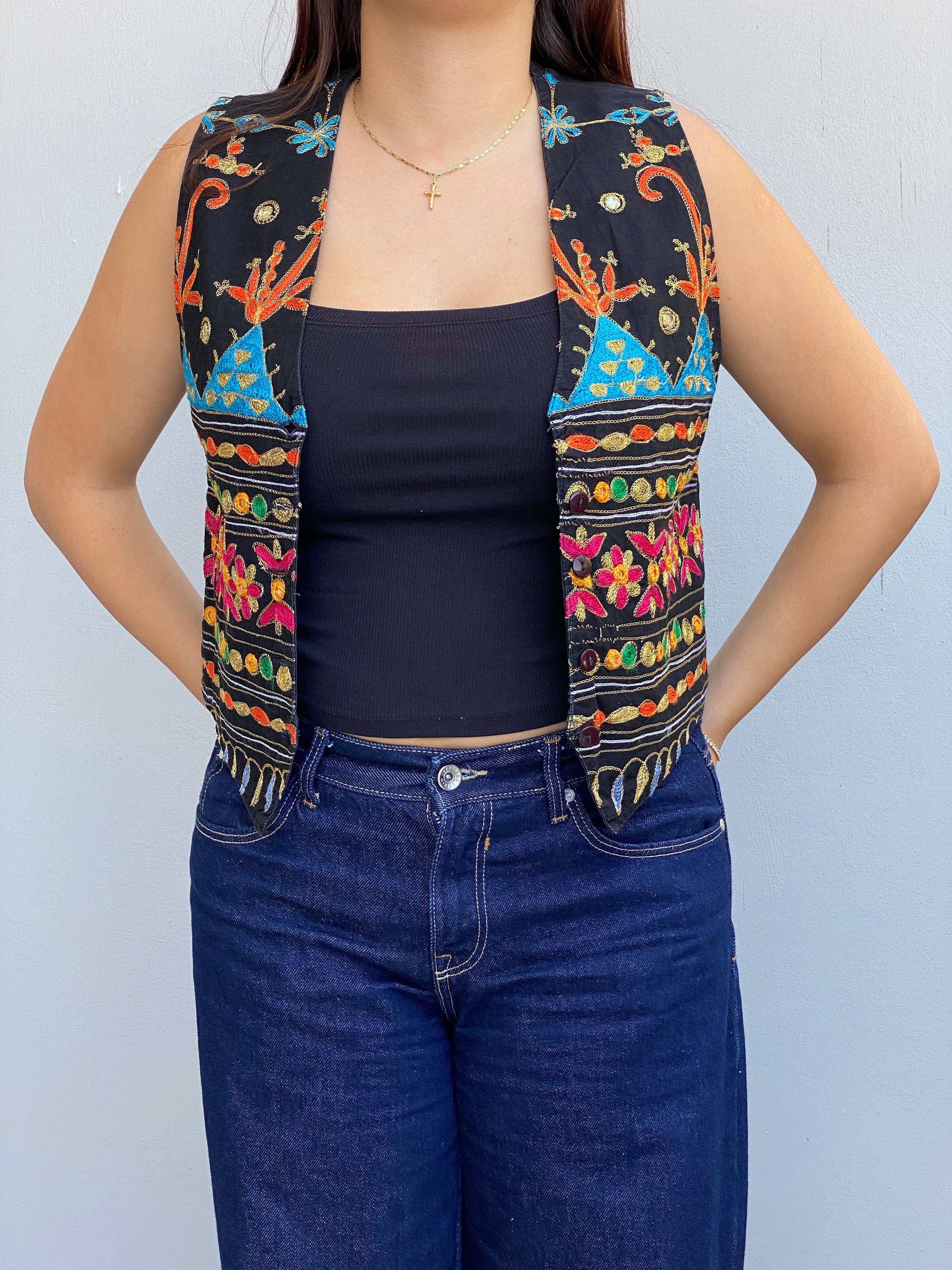 Vintage 90s Strike A Pose Black Embroidered Cotton Boho Festival Vest - S