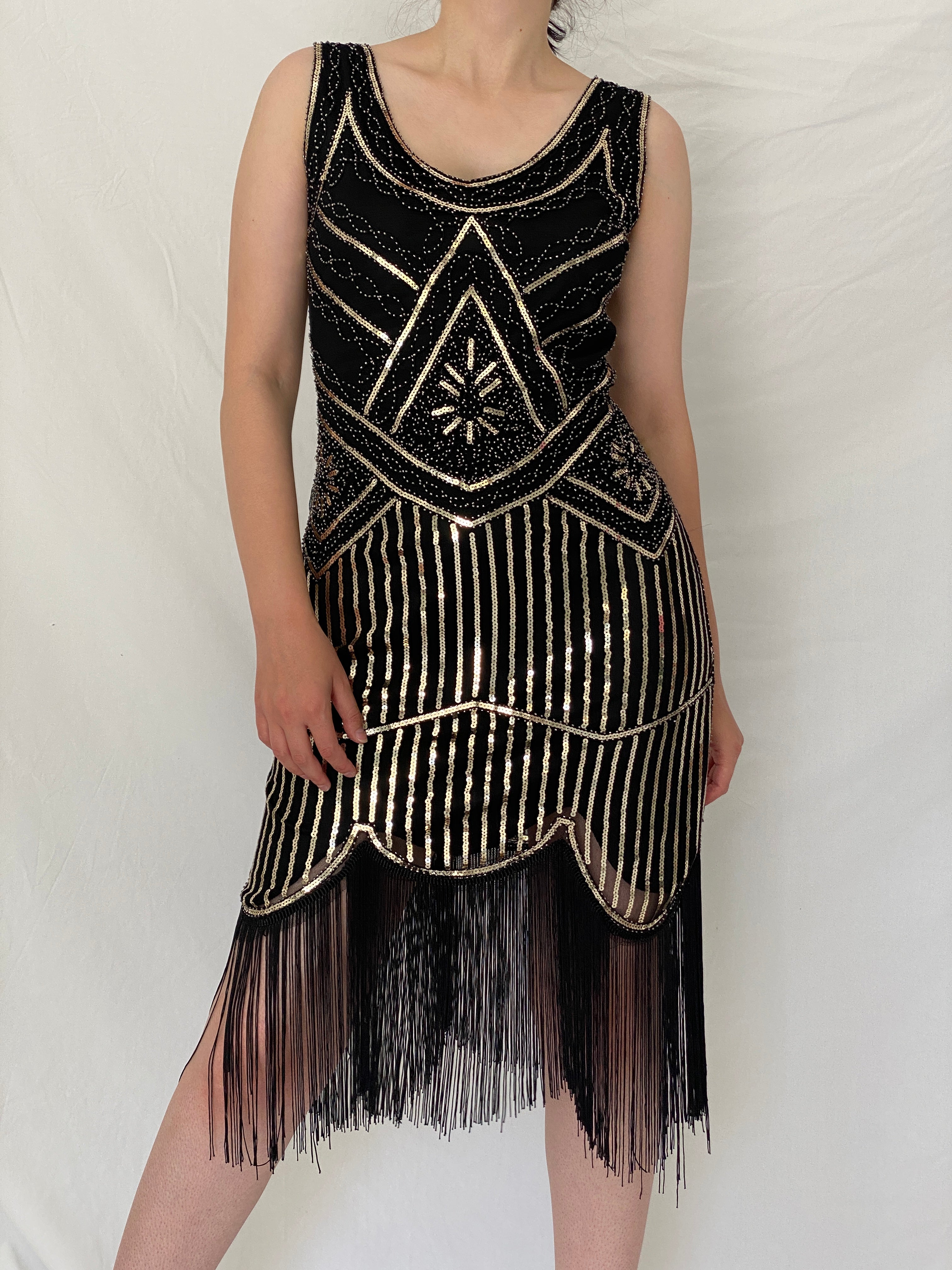 Vintage Art Deco Gatsby Black & Gold Sequin Fringe Cocktail Dress –  S