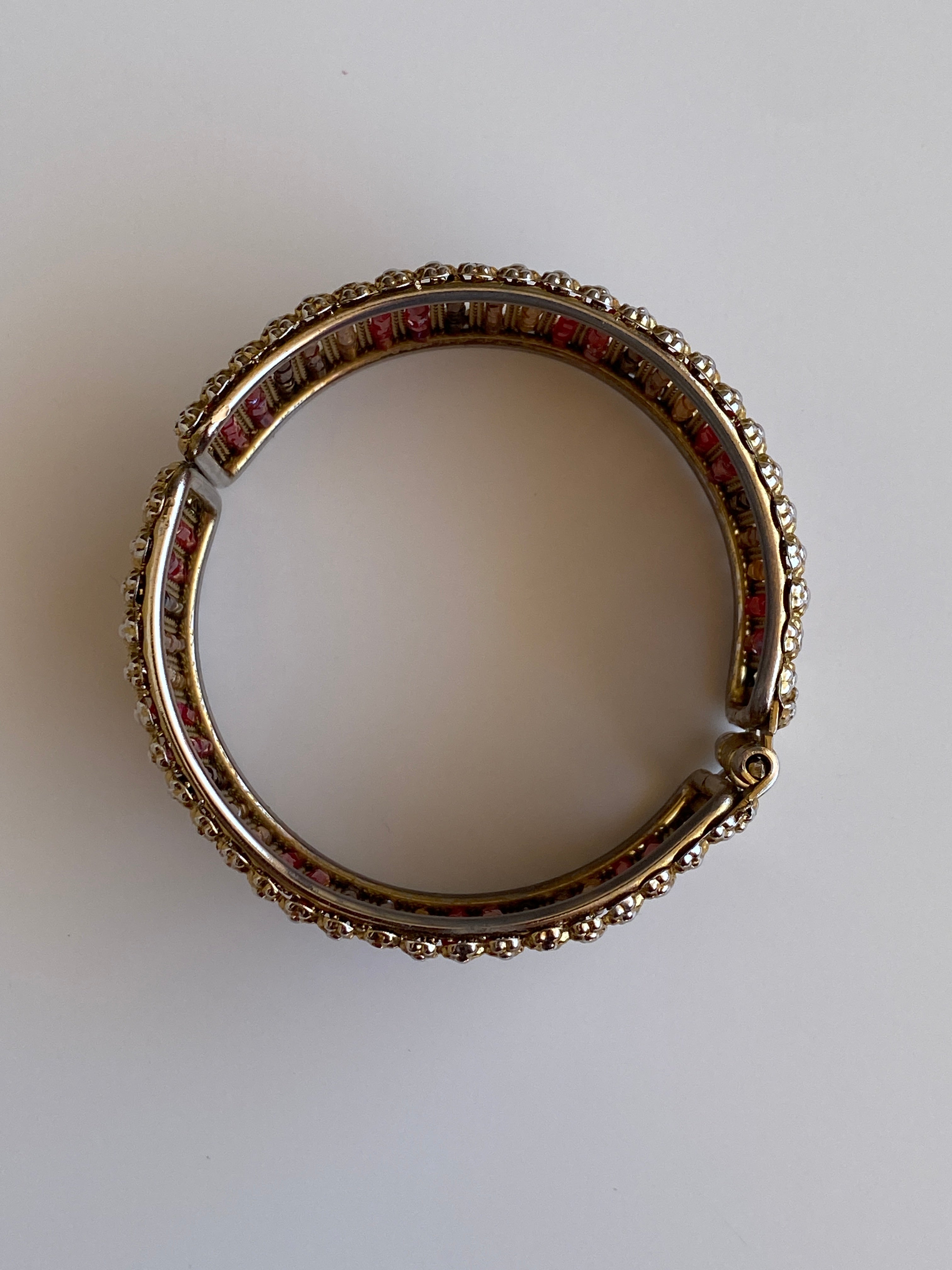 Vintage Gold-Tone Red & Amber Beaded Hinged Cuff Bracelet