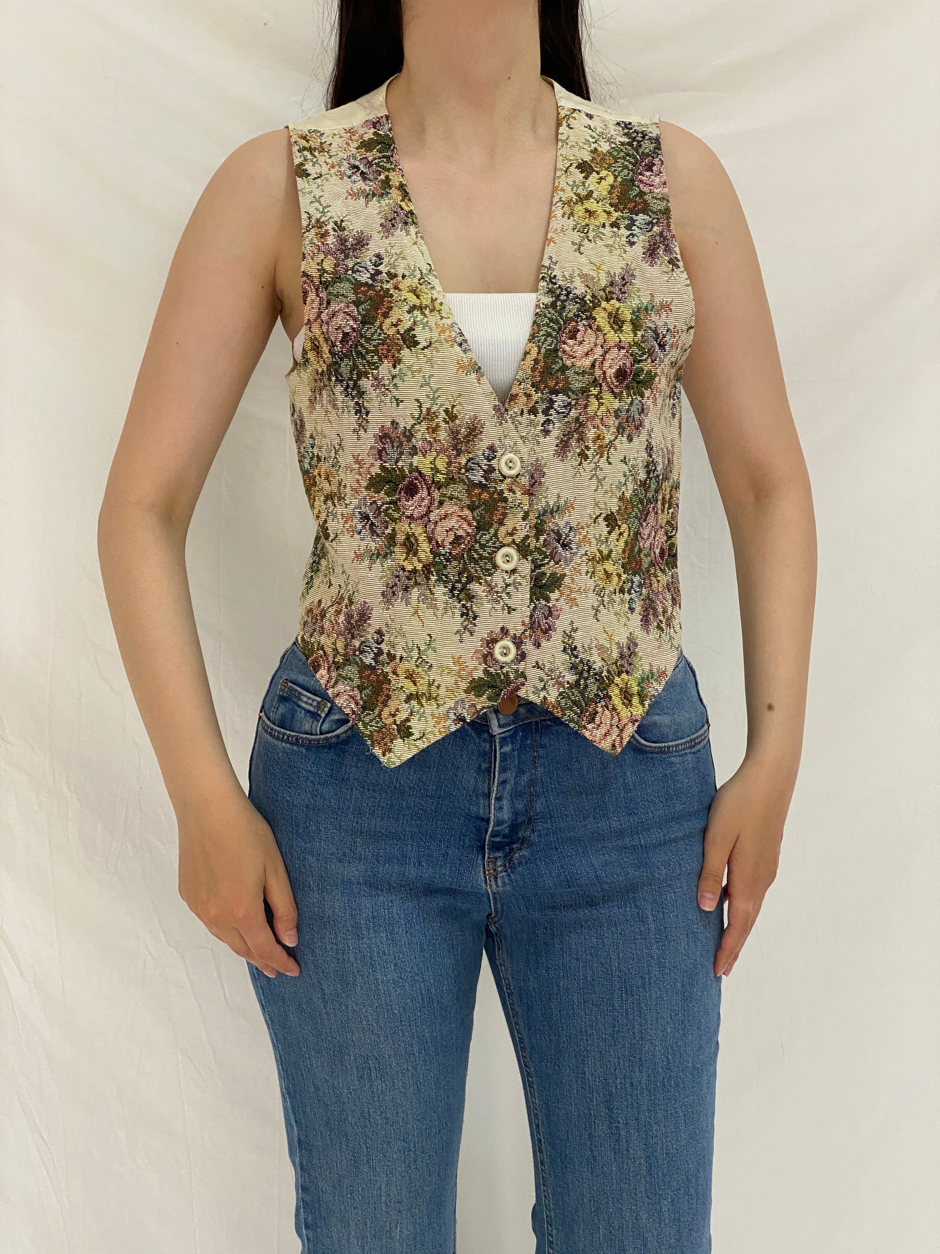 Vintage Van Heusen Floral Tapestry Button-Up Vest - S