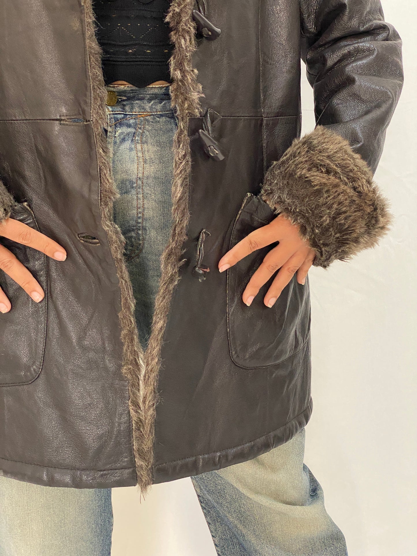 Vintage Genuine Leather Coat with Faux Fur Collar & Cuffs 70s Style Shearling Lined Brown Jacket - XL