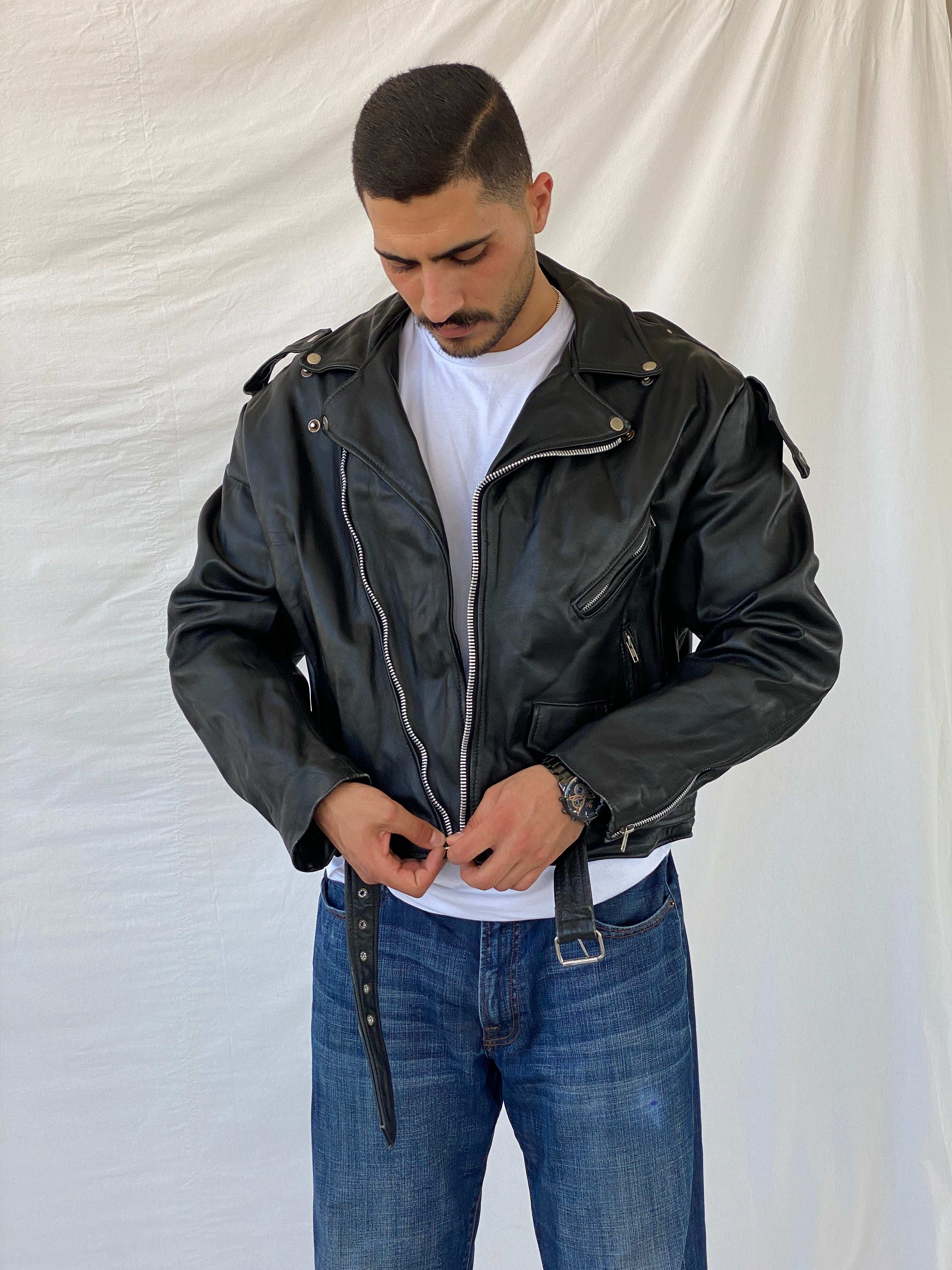 Vintage Heavy Black Genuine Leather Men’s Biker Jacket - L