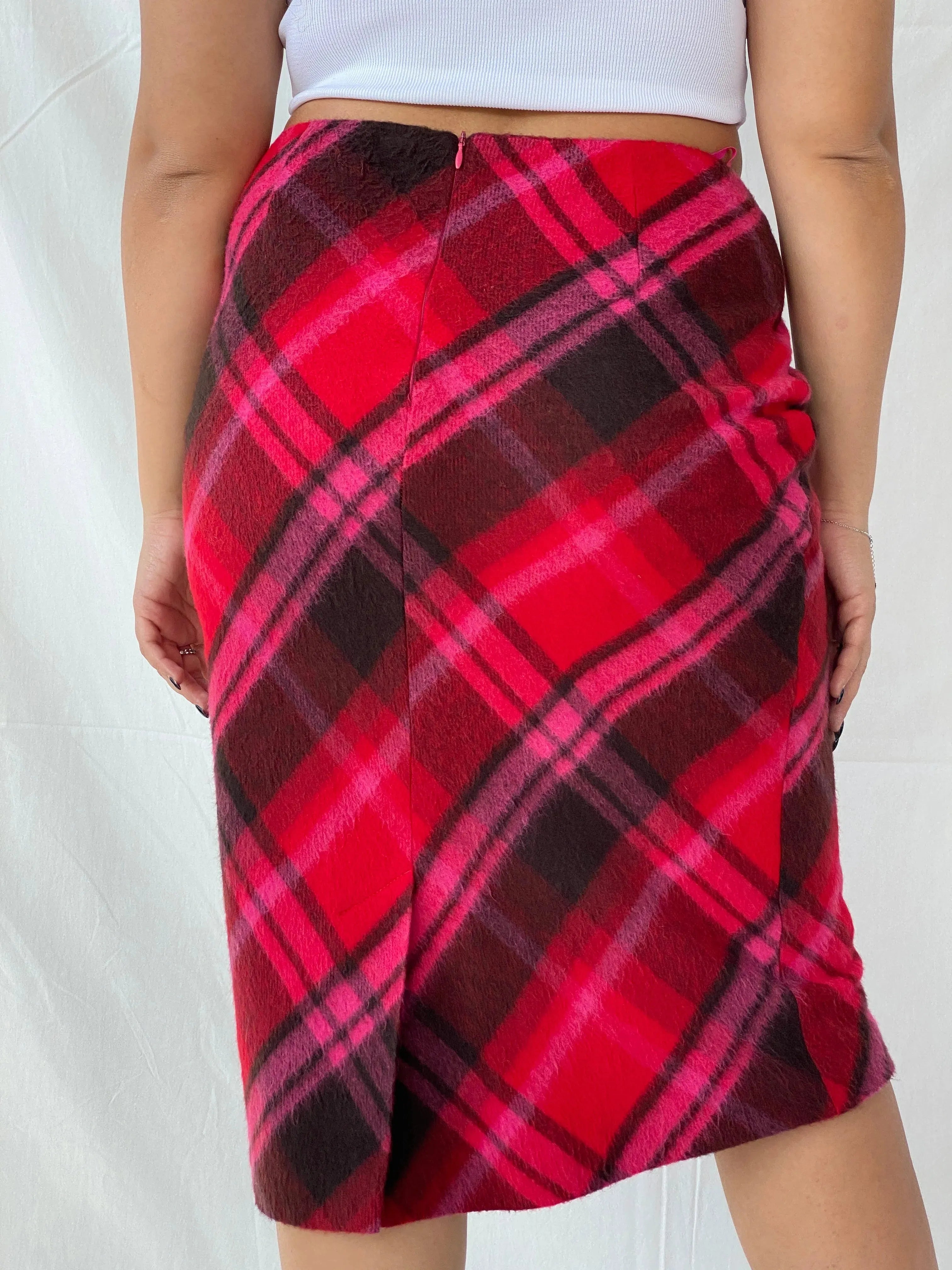 00s AMICI Woman Pink Plaid Midi Wool Skirt - L - Balagan Vintage Midi Skirt Deals, Dina, midi skirt, skirt