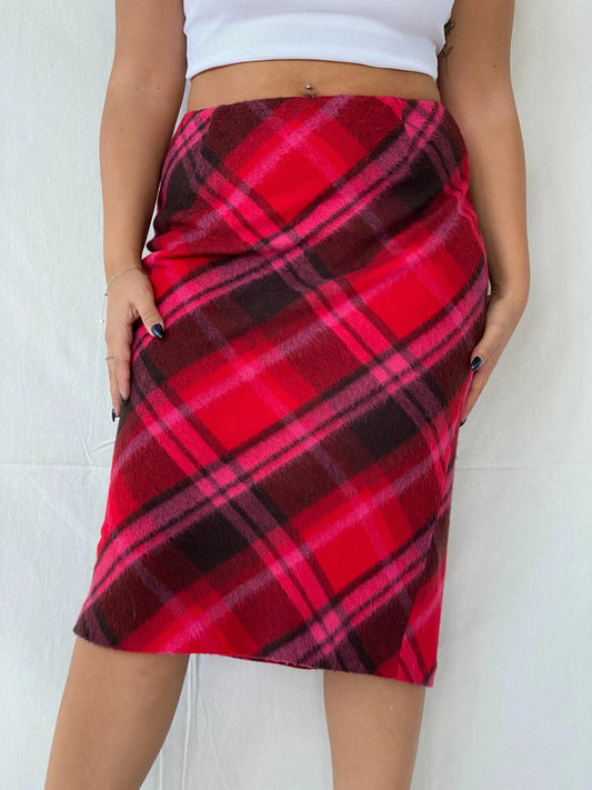 00s AMICI Woman Pink Plaid Midi Wool Skirt - L - Balagan Vintage Midi Skirt Deals, Dina, midi skirt, skirt