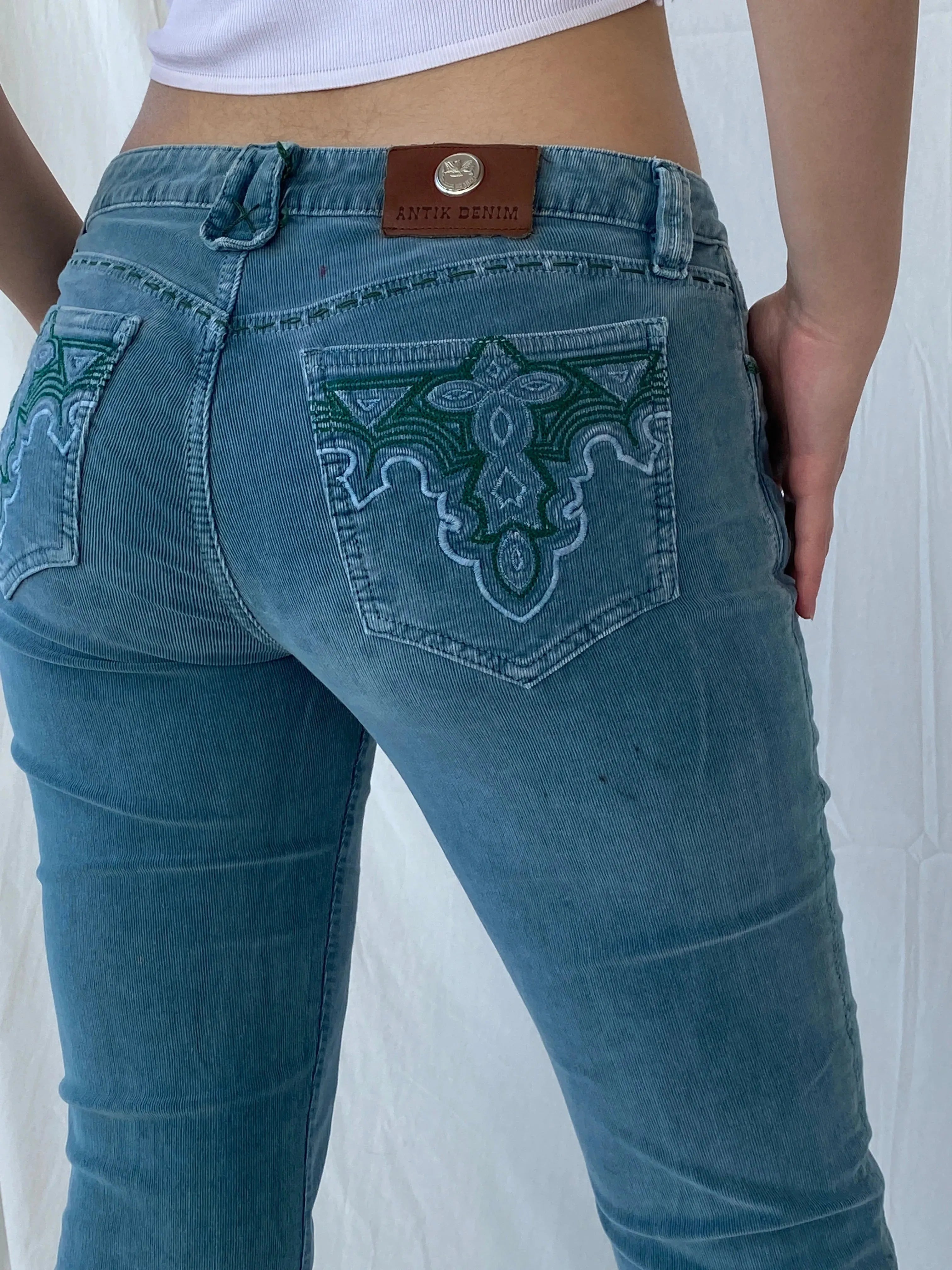 00s ANTIK Denim Blue Corduroy Embroidered Pocket Low Rise Flare Pants - 38EUR - Balagan Vintage Corduroy Pants 00s, Ayah, corduroy pants, winter