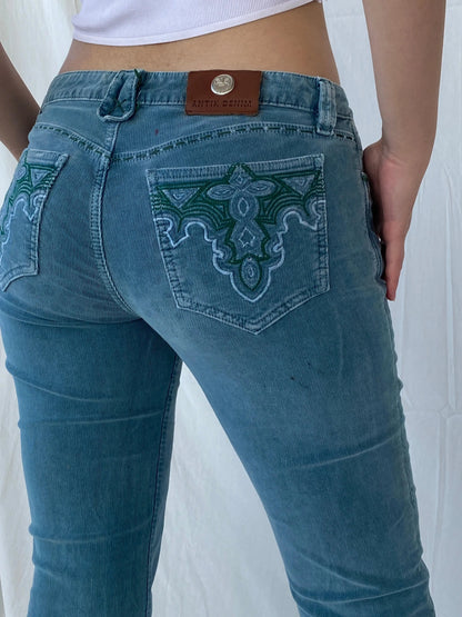 00s ANTIK Denim Blue Corduroy Embroidered Pocket Low Rise Flare Pants - 38EUR - Balagan Vintage Corduroy Pants 00s, Ayah, corduroy pants, winter