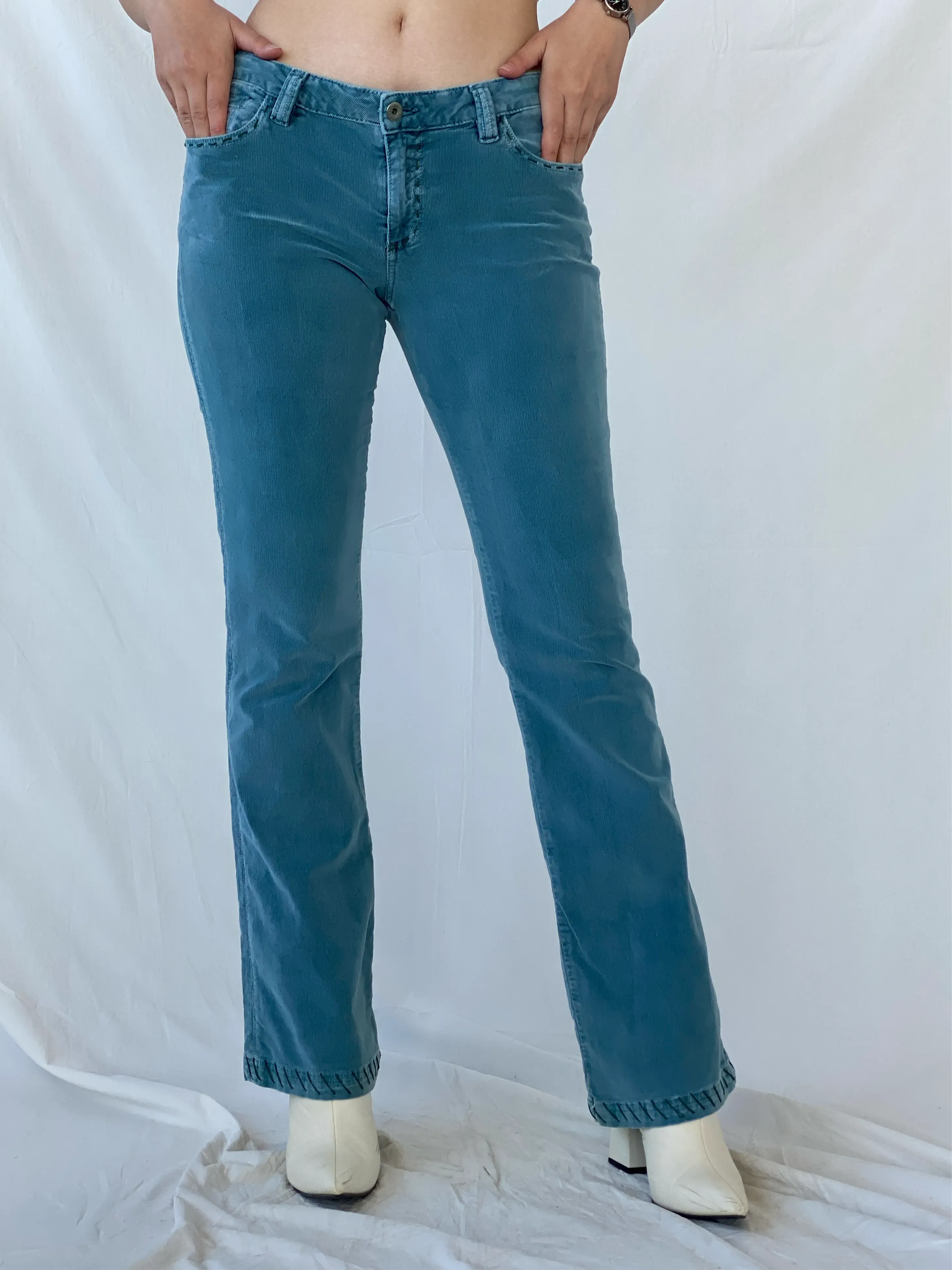 00s ANTIK Denim Blue Corduroy Embroidered Pocket Low Rise Flare Pants - 38EUR - Balagan Vintage Corduroy Pants 00s, Ayah, corduroy pants, winter
