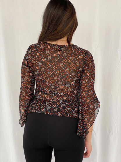 00s Bershka Floral Sheer Top Size M - Balagan Vintage Sheer Top 00s, Rama, sheer, summer