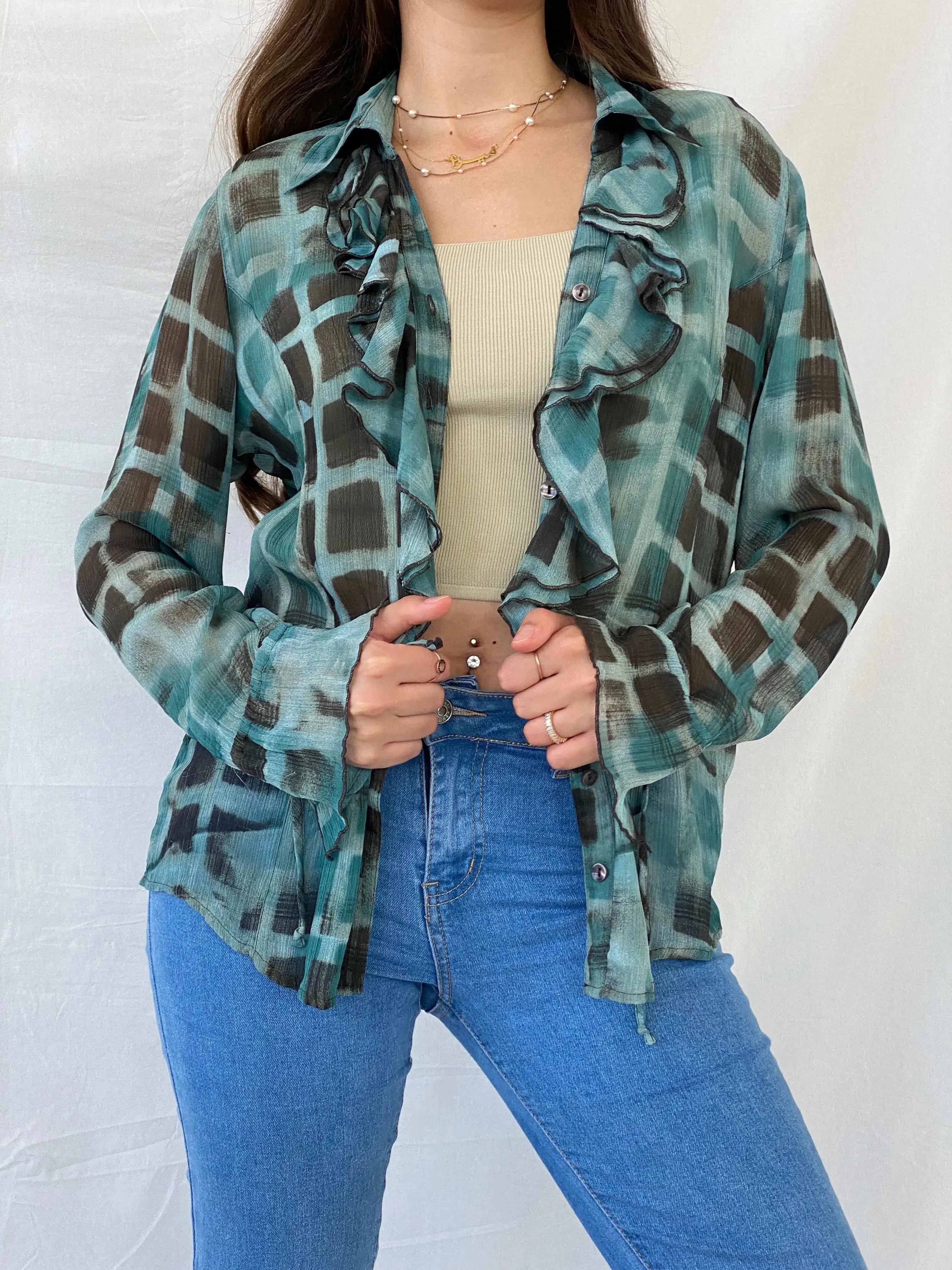 00s Bonita Abstract Blue Ruffled Hem Long Sleeve Shirt - M - Balagan Vintage Full Sleeve Shirt 00s, animal print, Mira, winter, women top
