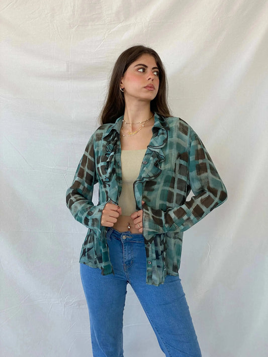 00s Bonita Abstract Blue Ruffled Hem Long Sleeve Shirt - M - Balagan Vintage Full Sleeve Shirt 00s, animal print, Mira, winter, women top