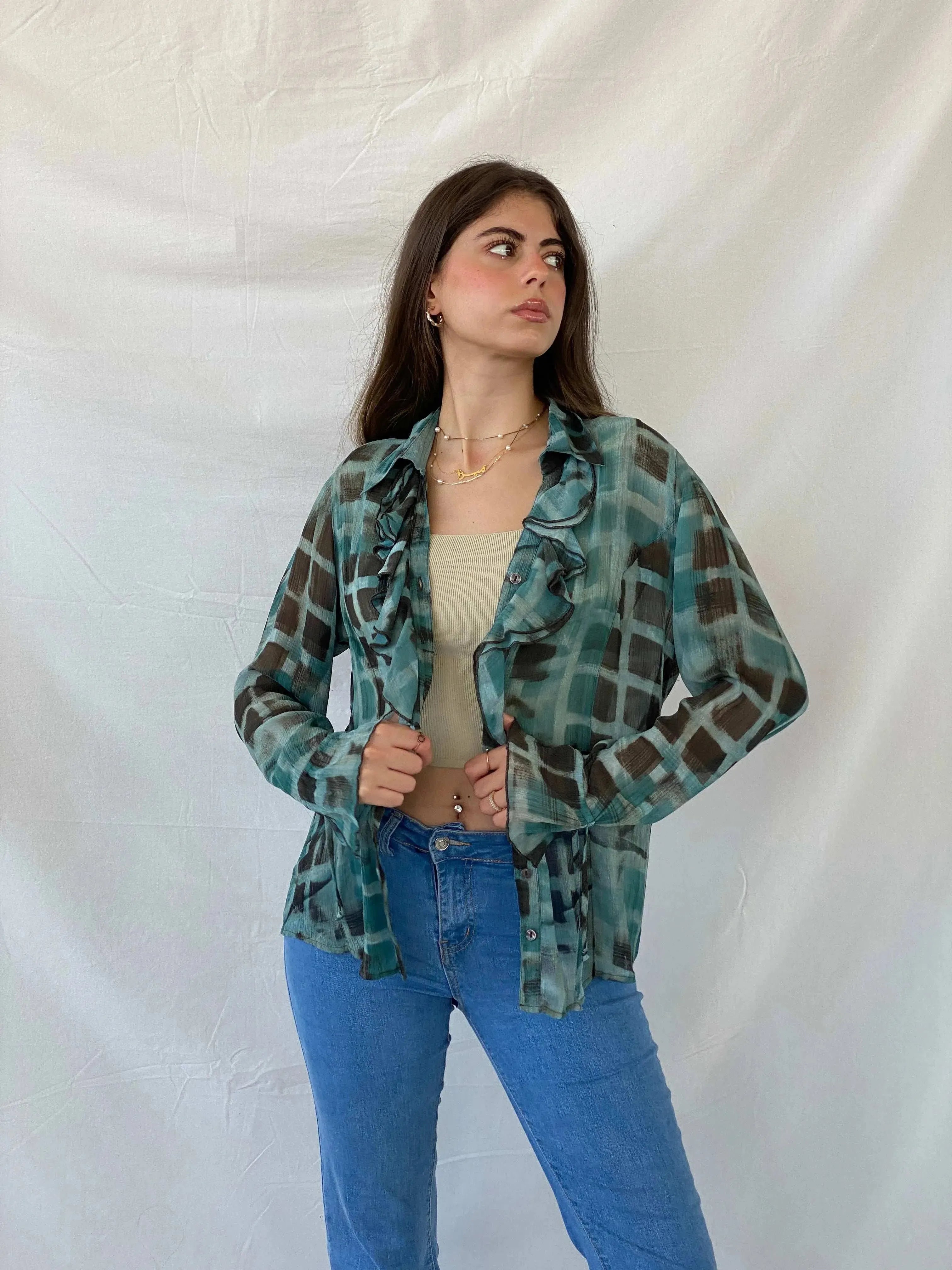 00s Bonita Abstract Blue Ruffled Hem Long Sleeve Shirt - M - Balagan Vintage Full Sleeve Shirt 00s, animal print, Mira, winter, women top