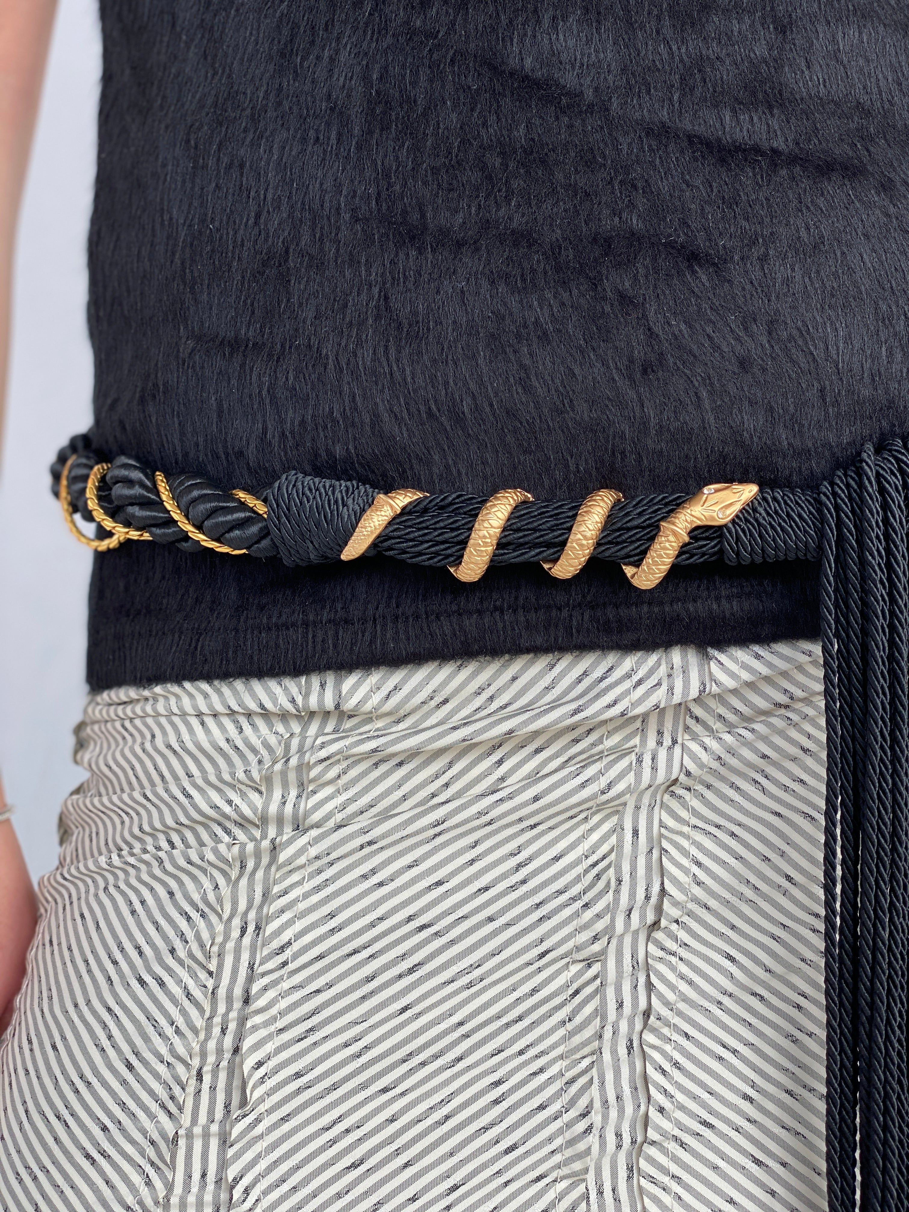 00s Cavalli Class by Roberto Cavalli Black Macrame Rope Fringed Belt with Gold Snake Metal Hardware - Balagan Vintage Belt 90s, Ayah, belt, consignment, cowboy, rare find, rare vintage, roberto cavalli, Sadouf