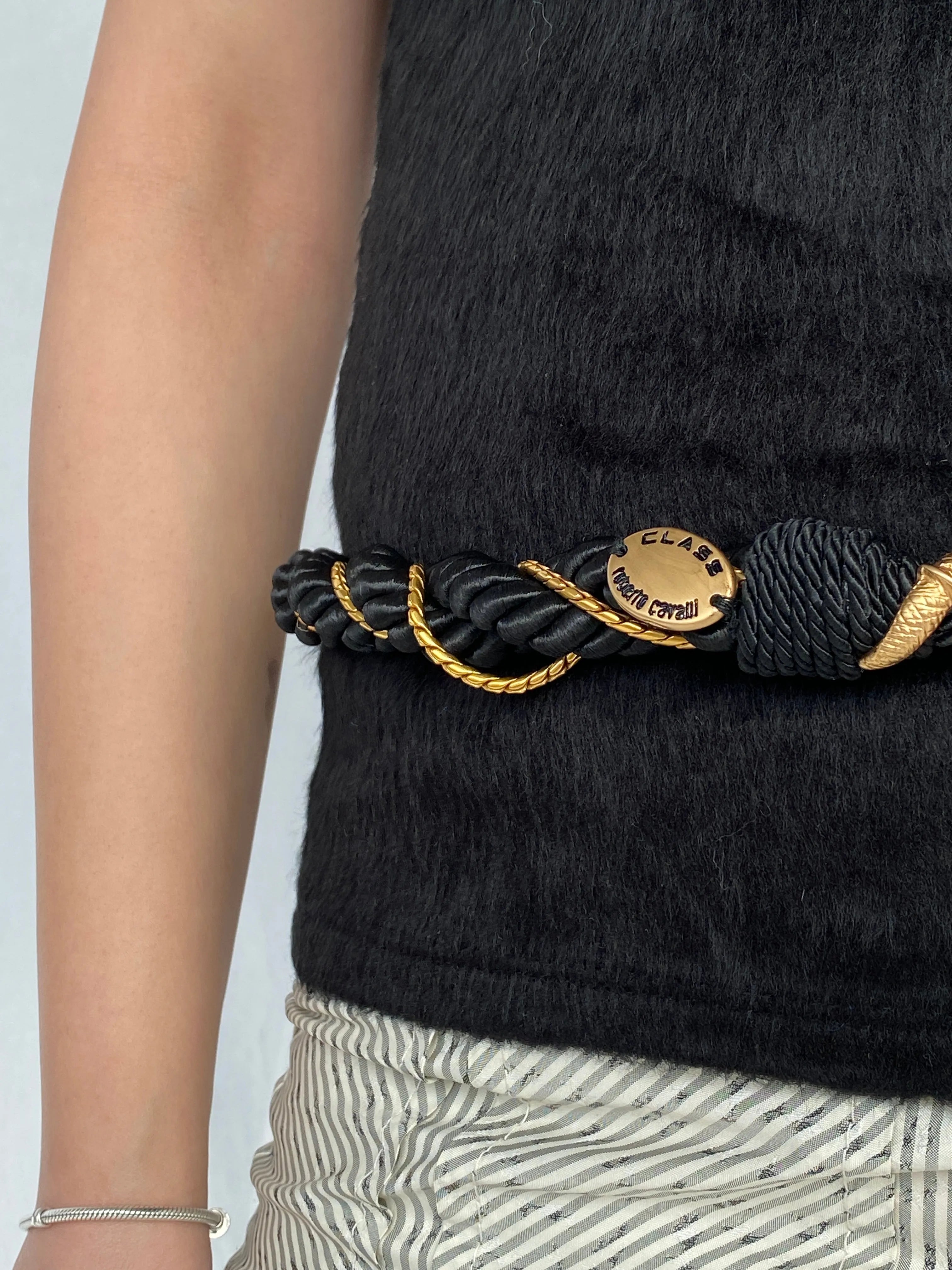 00s Cavalli Class by Roberto Cavalli Black Macrame Rope Fringed Belt with Gold Snake Metal Hardware - Balagan Vintage Belt 90s, Ayah, belt, consignment, cowboy, rare find, rare vintage, roberto cavalli, Sadouf