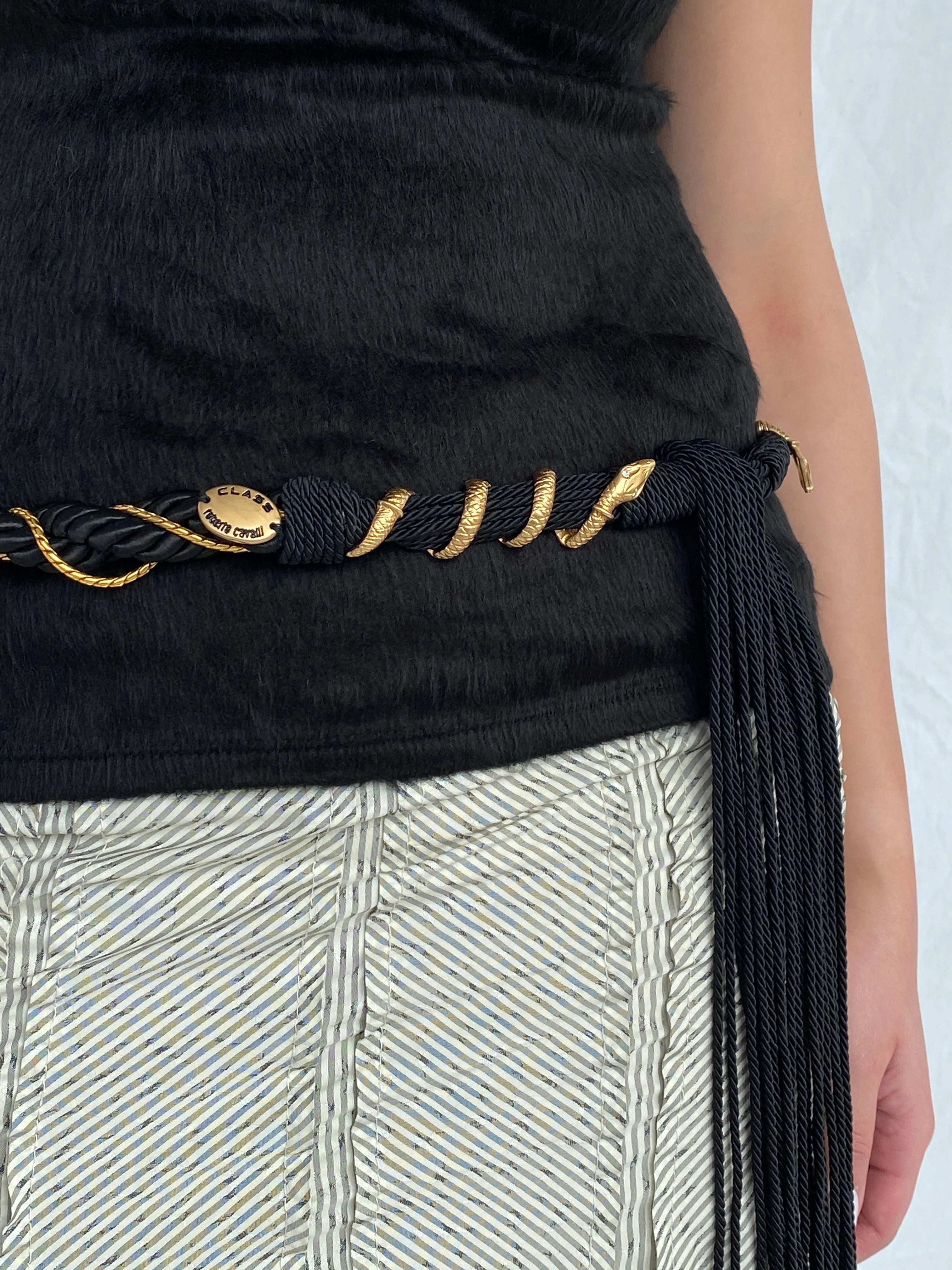 00s Cavalli Class by Roberto Cavalli Black Macrame Rope Fringed Belt with Gold Snake Metal Hardware - Balagan Vintage Belt 90s, Ayah, belt, consignment, cowboy, rare find, rare vintage, roberto cavalli, Sadouf