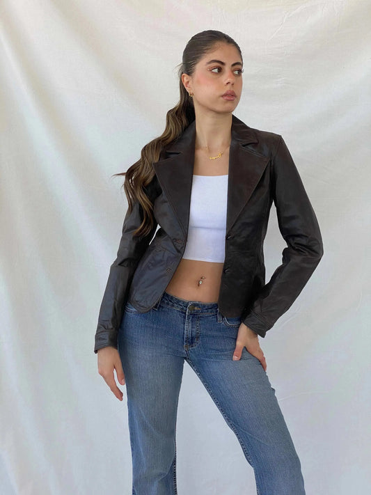 00s Clock House Brown Genuine Leather Blazer Jacket - S - Balagan Vintage Leather Jacket 90s, Coats&Jackets, Deals, genuine leather jacket, leather jacket, Mira, winter, Women's Blazers, Women's Leather Jackets