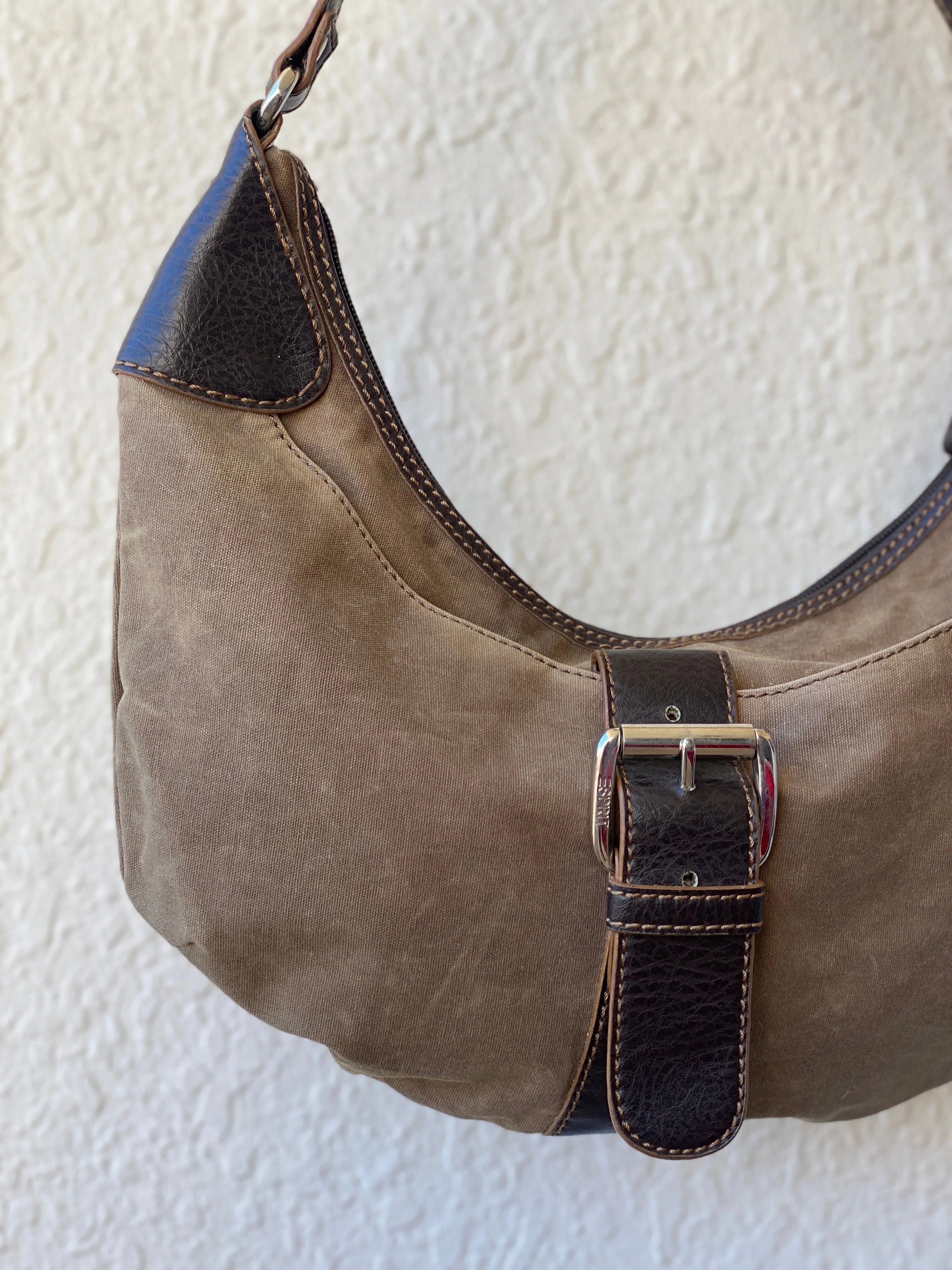 00s ESPRIT Canvas and Leather Brown Shoulder Bag - Balagan Vintage Handbags 90s, bag, brown leather, genuine leather, shoulder bag