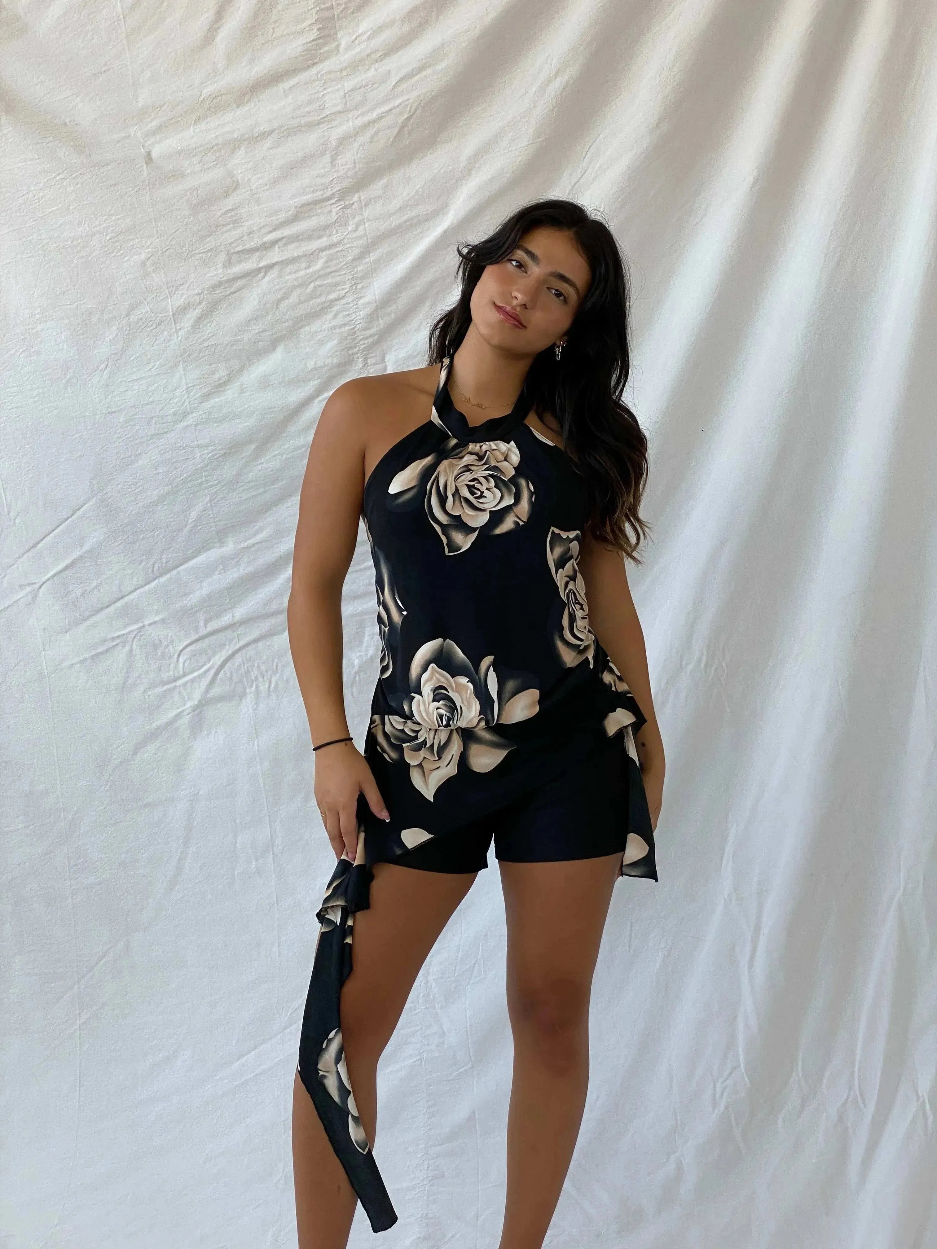 00s EVITA Black Floral Open Back Asymmetric Hem Halter Top - M - Balagan Vintage Halter Top 00s, floral, floral top, formal, halter top, Lana, summer