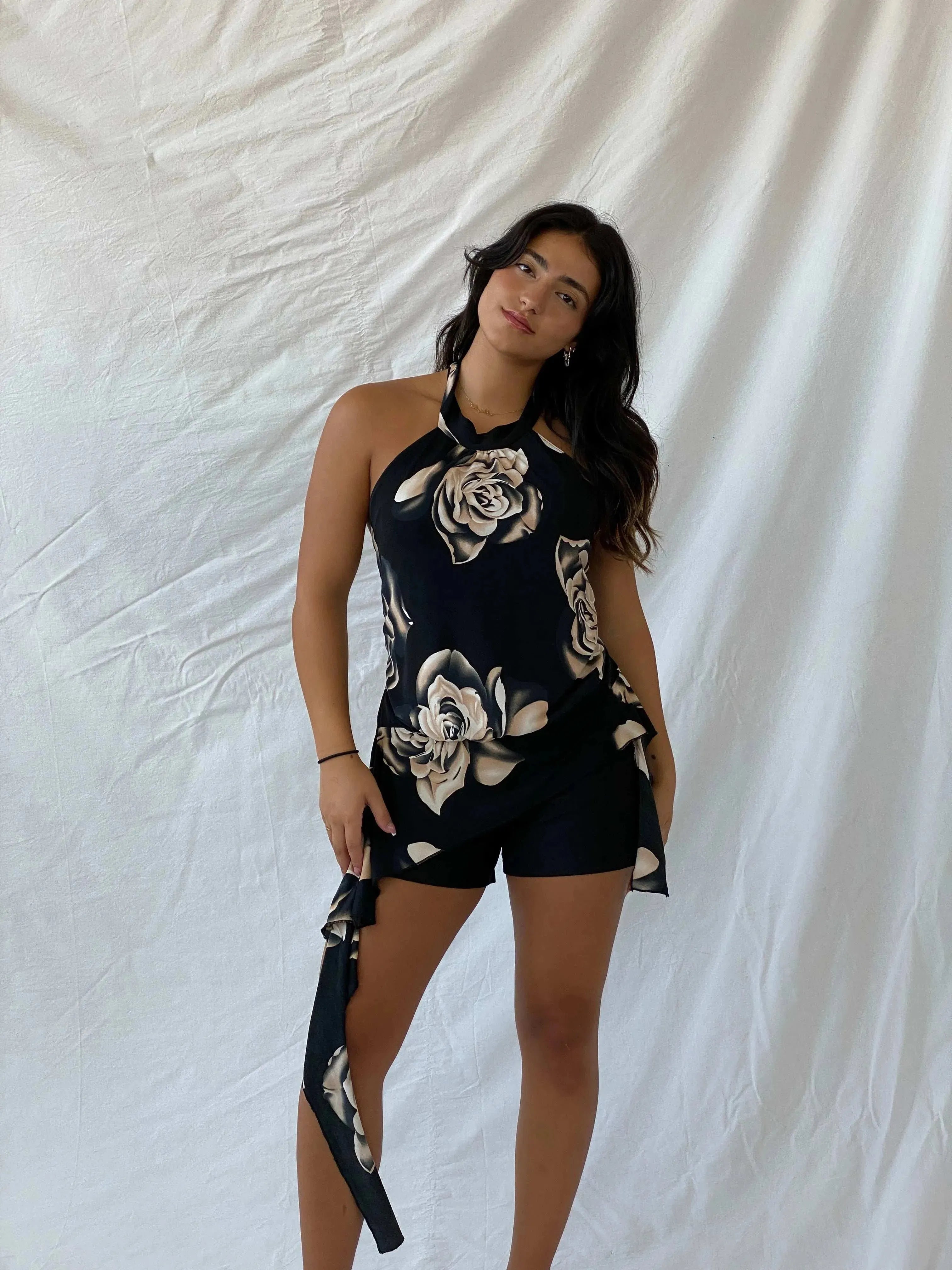 00s EVITA Black Floral Open Back Asymmetric Hem Halter Top - M - Balagan Vintage Halter Top 00s, floral, floral top, formal, halter top, Lana, summer