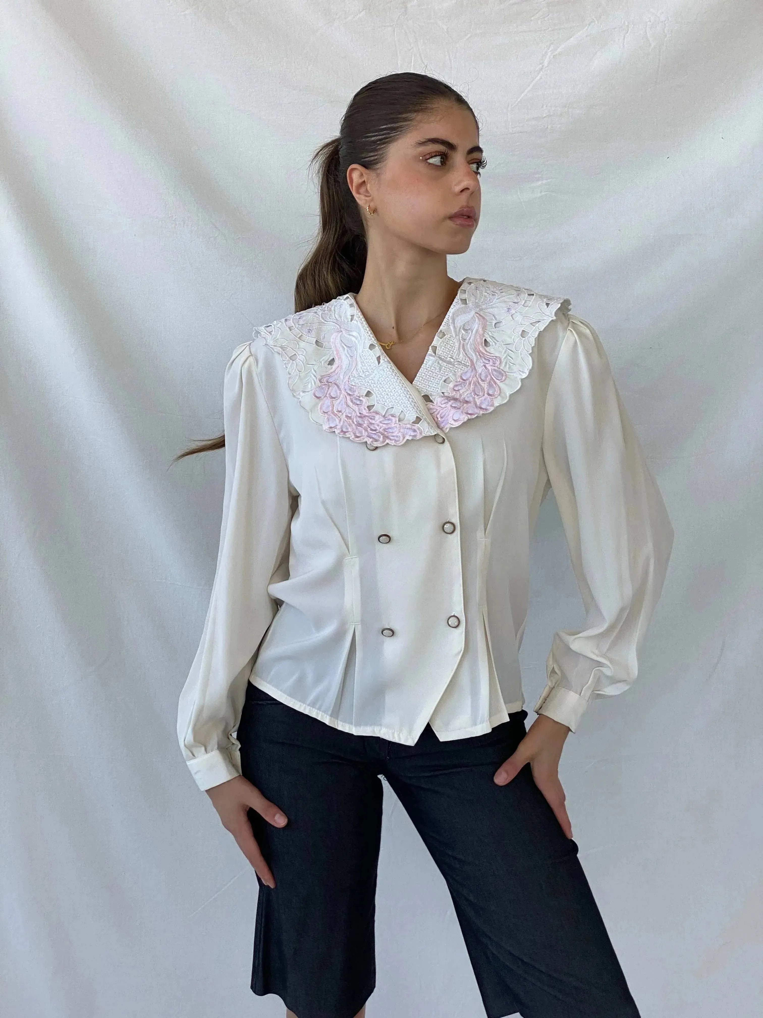 00s FIRAS Embroidered Oversized Collar Ivory Victorian Blouse - M - Balagan Vintage Full Sleeve Shirt 00s, full sleeve shirt, Mira, winter, women shirt, women top