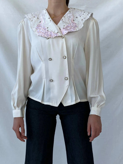 00s FIRAS Embroidered Oversized Collar Ivory Victorian Blouse - M - Balagan Vintage Full Sleeve Shirt 00s, full sleeve shirt, Mira, winter, women shirt, women top