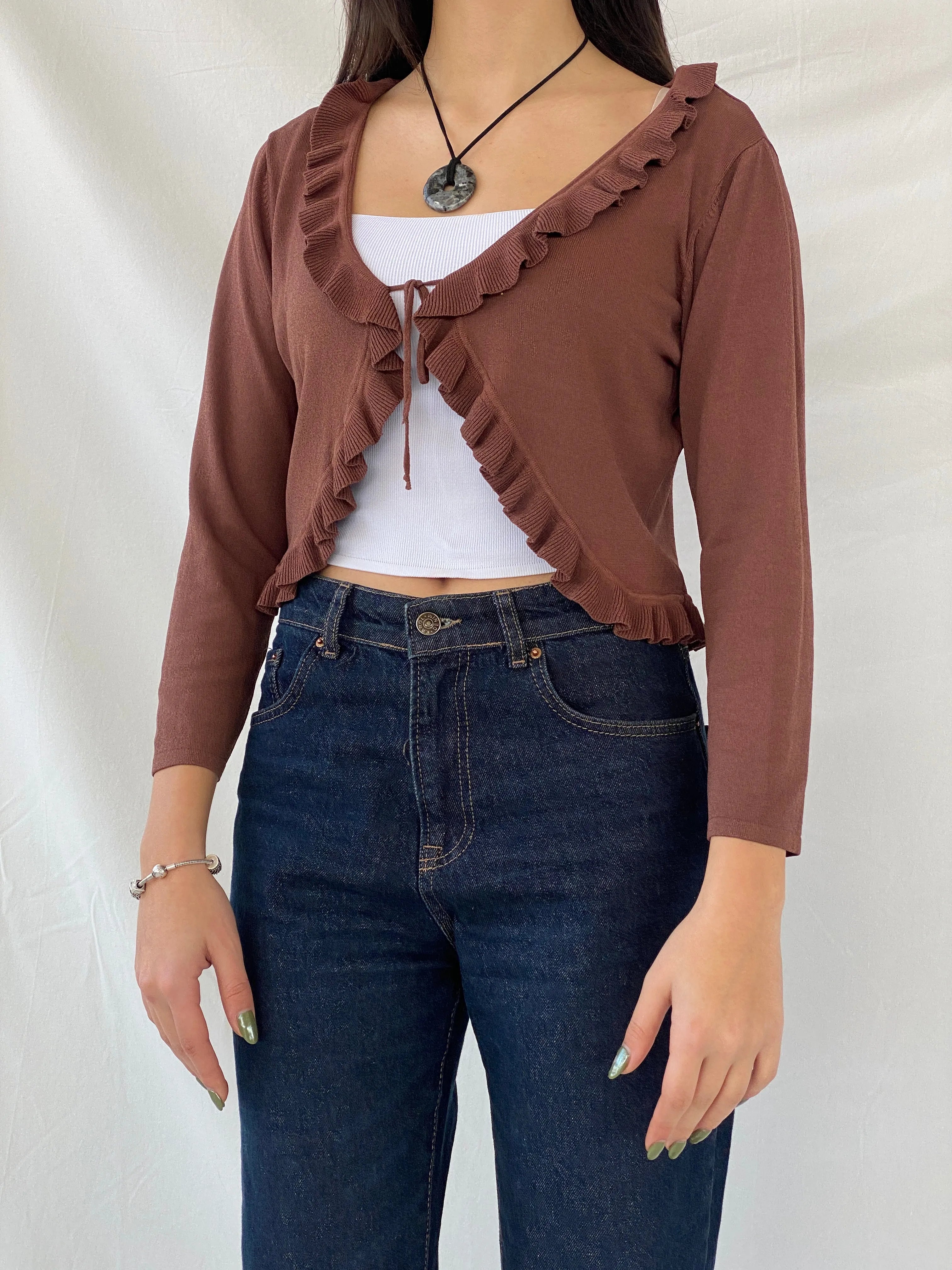 00s Jacqueline Riu Brown Ruffled Trim Tie Front Cropped Cardigan - L - Balagan Vintage Cardigan 00s, cardigan, full sleeve top, Syntia, women top