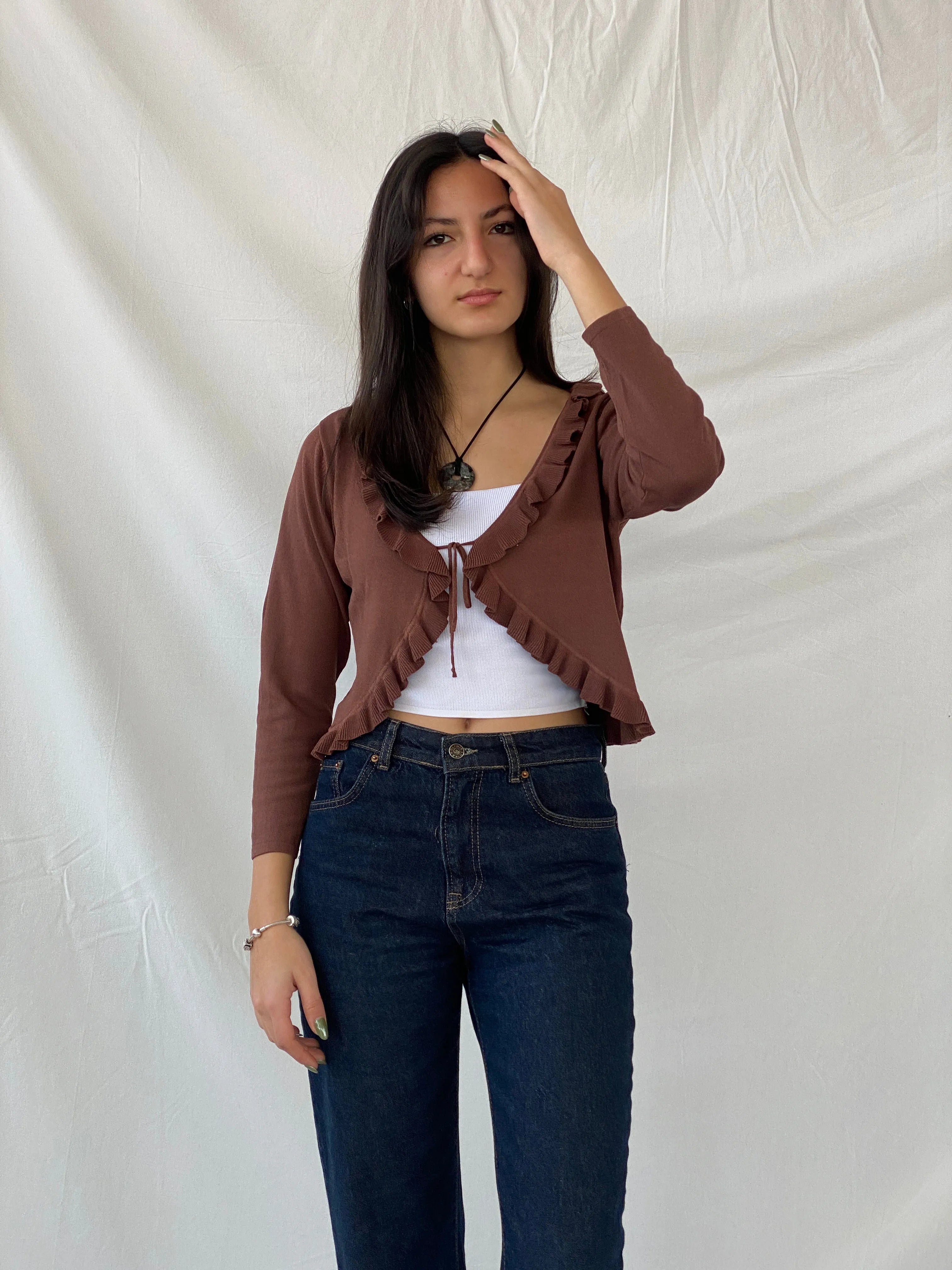 00s Jacqueline Riu Brown Ruffled Trim Tie Front Cropped Cardigan - L - Balagan Vintage Cardigan 00s, cardigan, full sleeve top, NEW IN, Syntia, women top