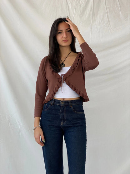 00s Jacqueline Riu Brown Ruffled Trim Tie Front Cropped Cardigan - L - Balagan Vintage Cardigan 00s, cardigan, full sleeve top, Syntia, women top
