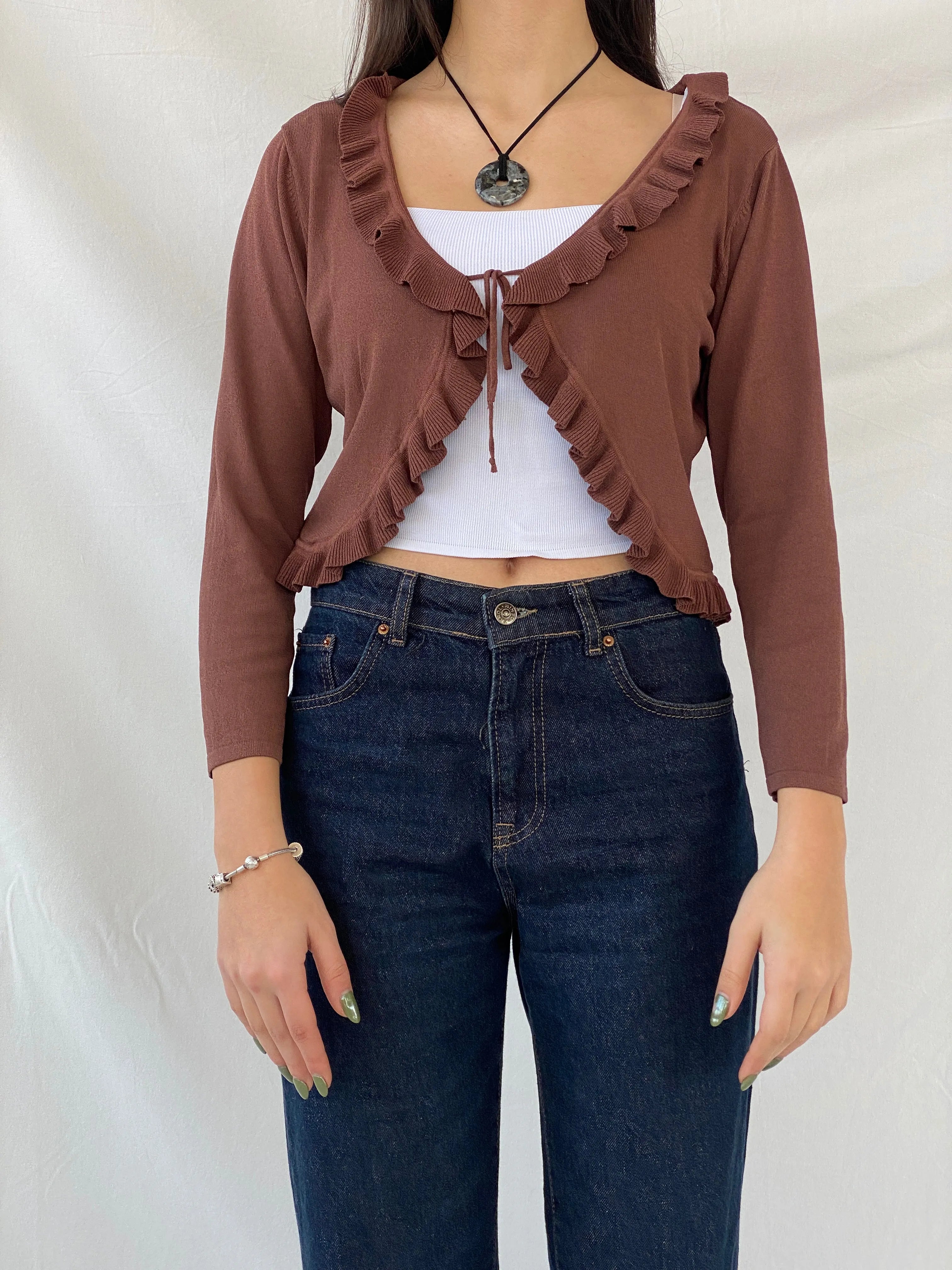 00s Jacqueline Riu Brown Ruffled Trim Tie Front Cropped Cardigan - L - Balagan Vintage Cardigan 00s, cardigan, full sleeve top, Syntia, women top