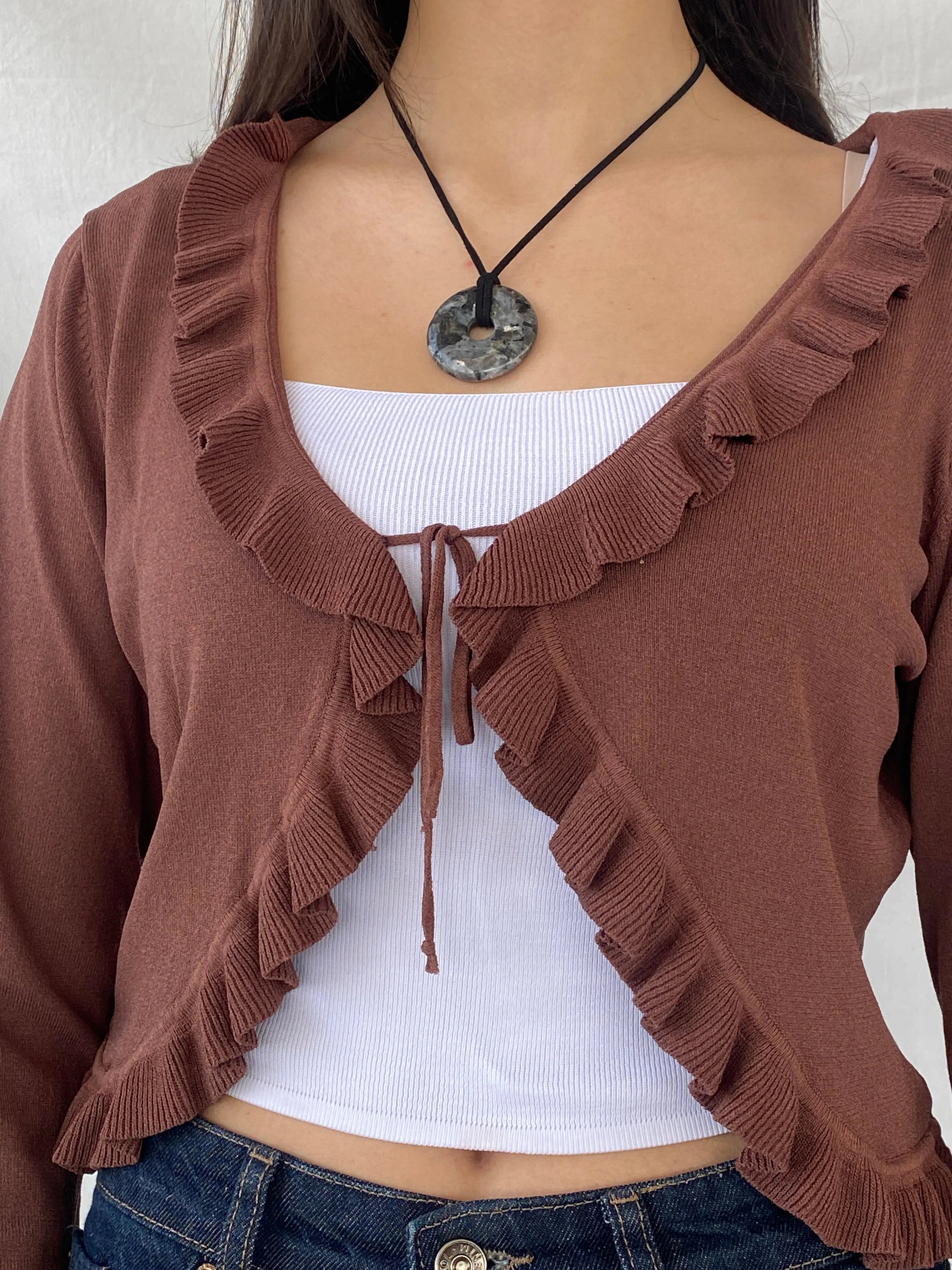 00s Jacqueline Riu Brown Ruffled Trim Tie Front Cropped Cardigan - L - Balagan Vintage Cardigan 00s, cardigan, full sleeve top, Syntia, women top