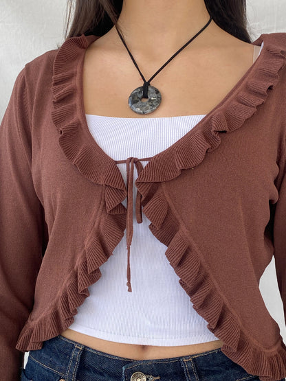 00s Jacqueline Riu Brown Ruffled Trim Tie Front Cropped Cardigan - L - Balagan Vintage Cardigan 00s, cardigan, full sleeve top, Syntia, women top