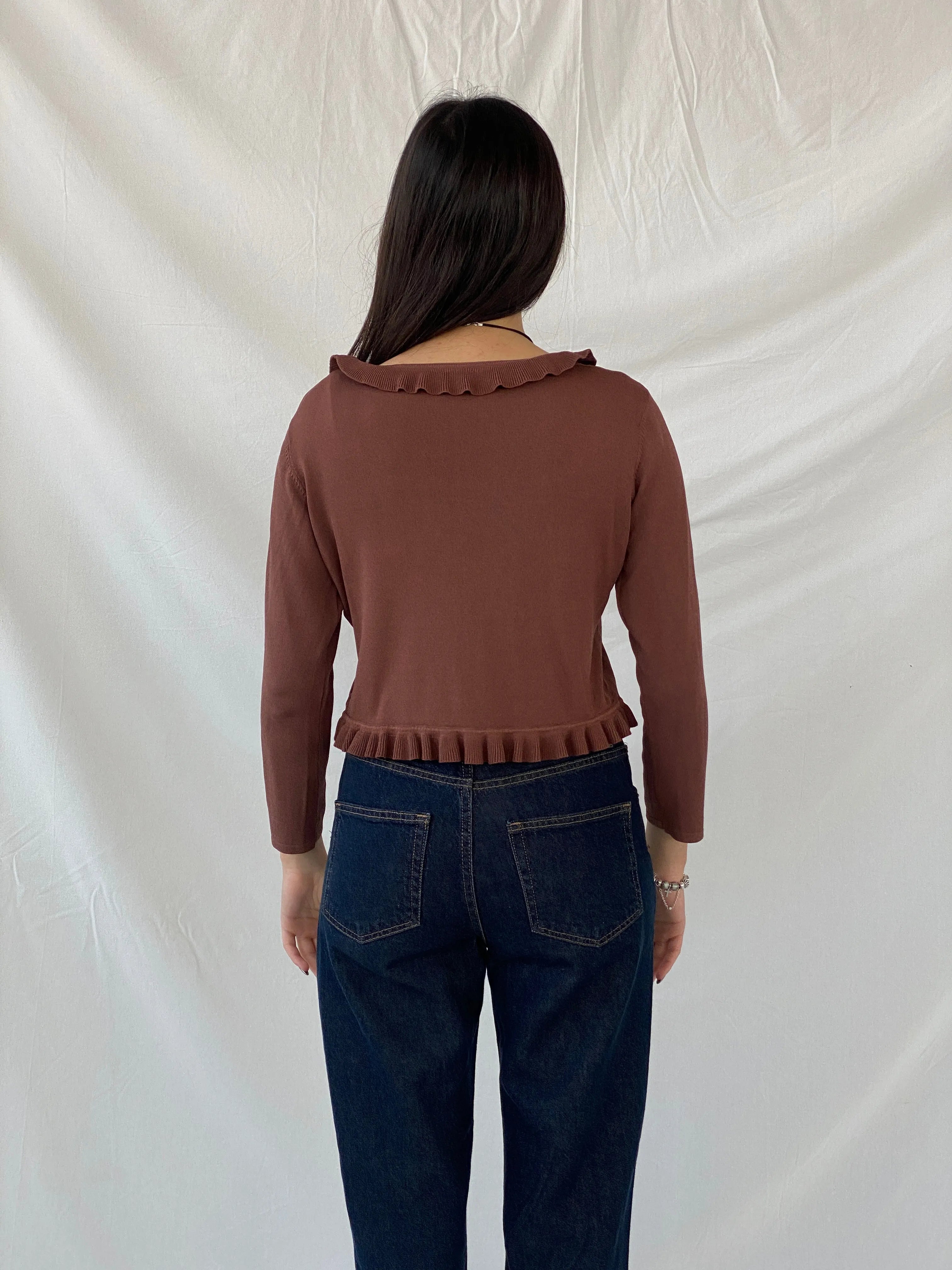 00s Jacqueline Riu Brown Ruffled Trim Tie Front Cropped Cardigan - L - Balagan Vintage Cardigan 00s, cardigan, full sleeve top, Syntia, women top