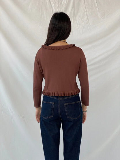 00s Jacqueline Riu Brown Ruffled Trim Tie Front Cropped Cardigan - L - Balagan Vintage Cardigan 00s, cardigan, full sleeve top, Syntia, women top