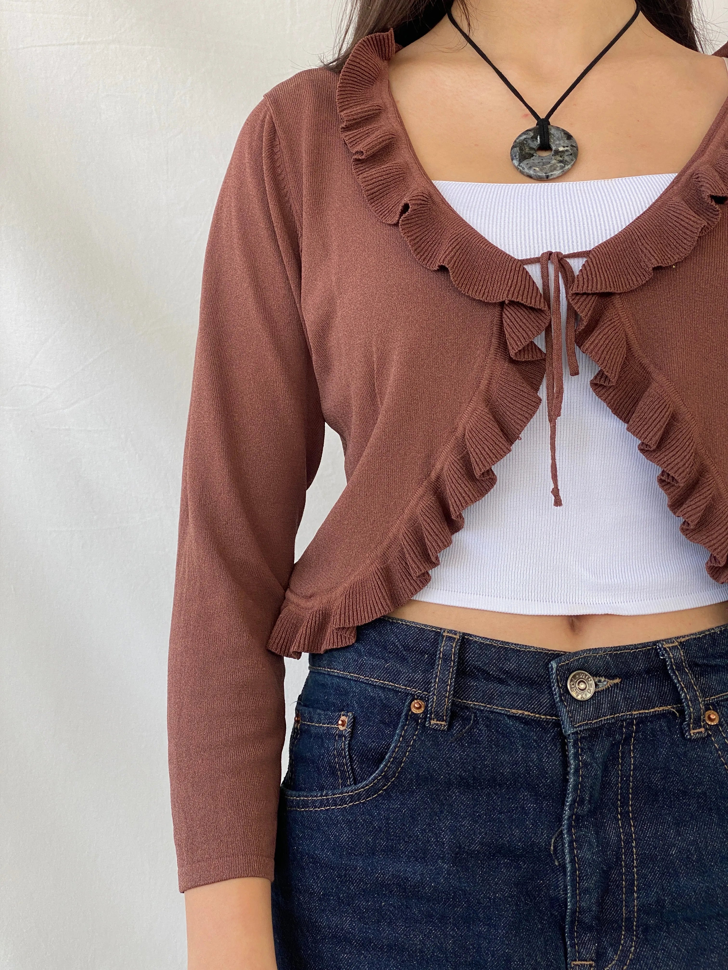 00s Jacqueline Riu Brown Ruffled Trim Tie Front Cropped Cardigan - L - Balagan Vintage Cardigan 00s, cardigan, full sleeve top, Syntia, women top