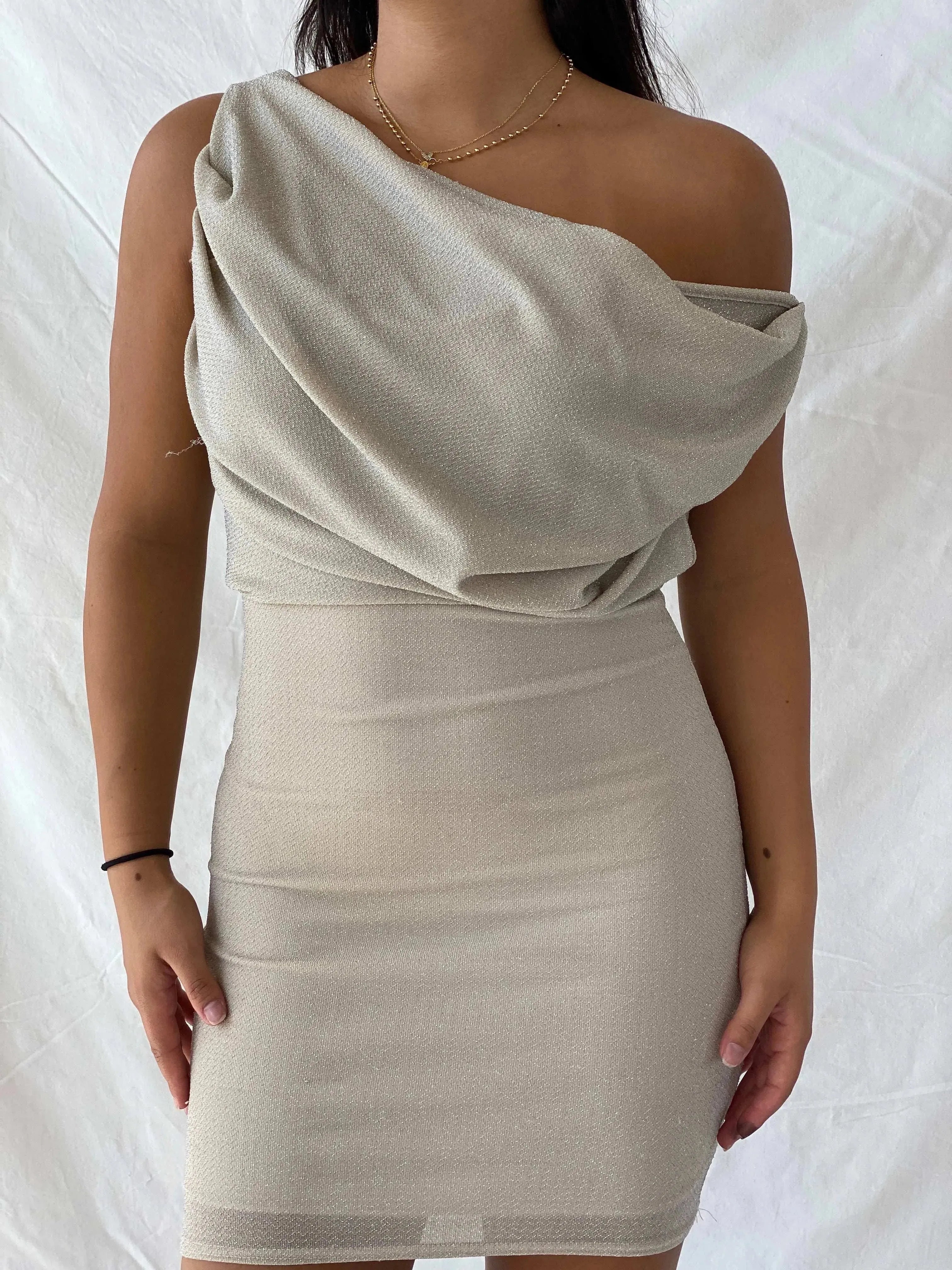 00s Jane Norman Cream Shimmery Cowl Neck knee-Length Dress - M - Balagan Vintage Midi Dress 90s dress, dress, Lana, midi dress, summer, Wedding Guest, womens