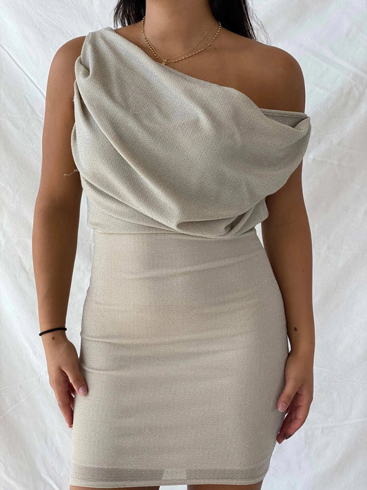 00s Jane Norman Cream Shimmery Cowl Neck knee-Length Dress - M - Balagan Vintage Midi Dress 90s dress, dress, Lana, midi dress, summer, Wedding Guest, womens