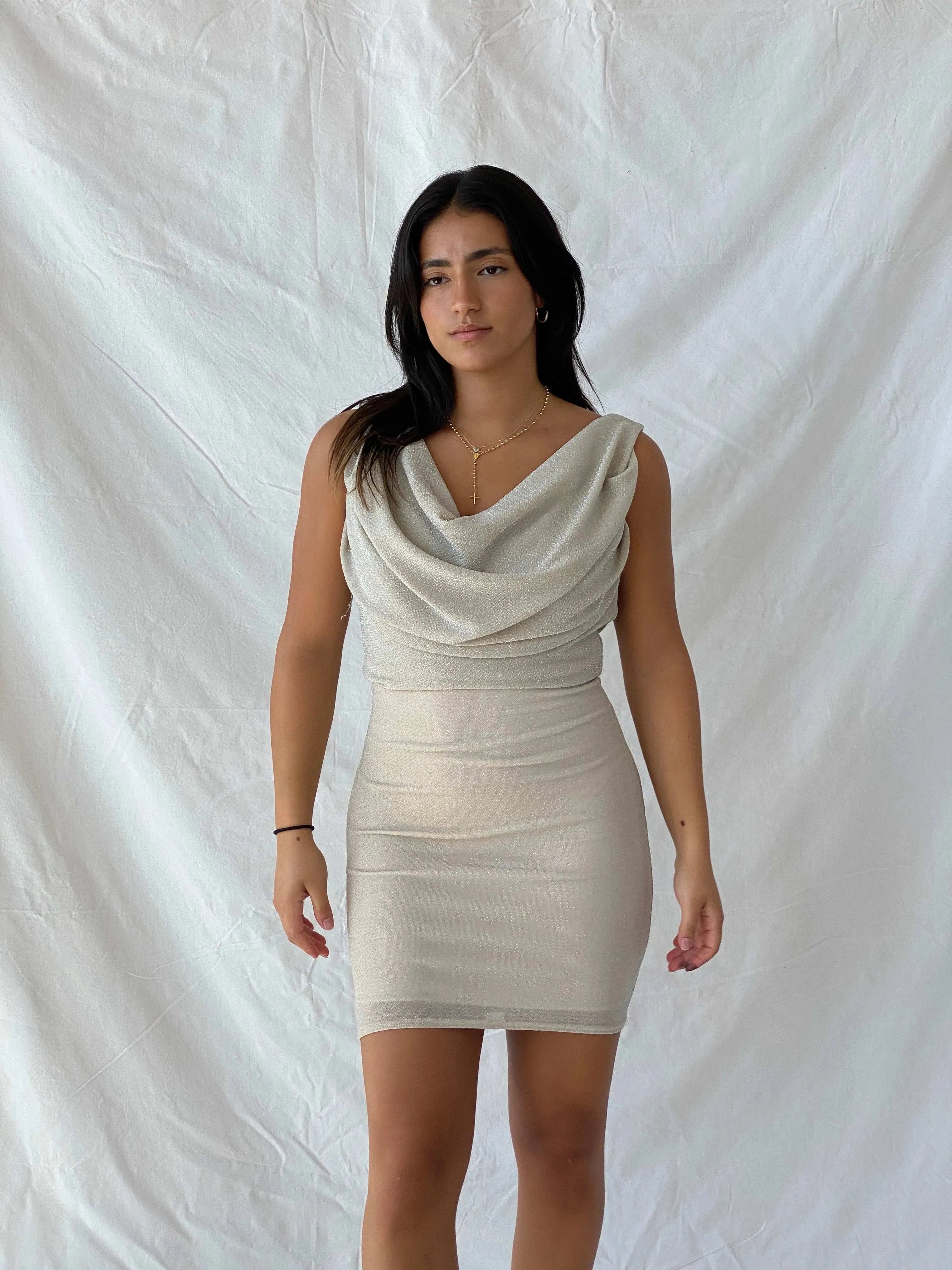 00s Jane Norman Cream Shimmery Cowl Neck knee-Length Dress - M - Balagan Vintage Midi Dress 90s dress, dress, Lana, midi dress, summer, Wedding Guest, womens