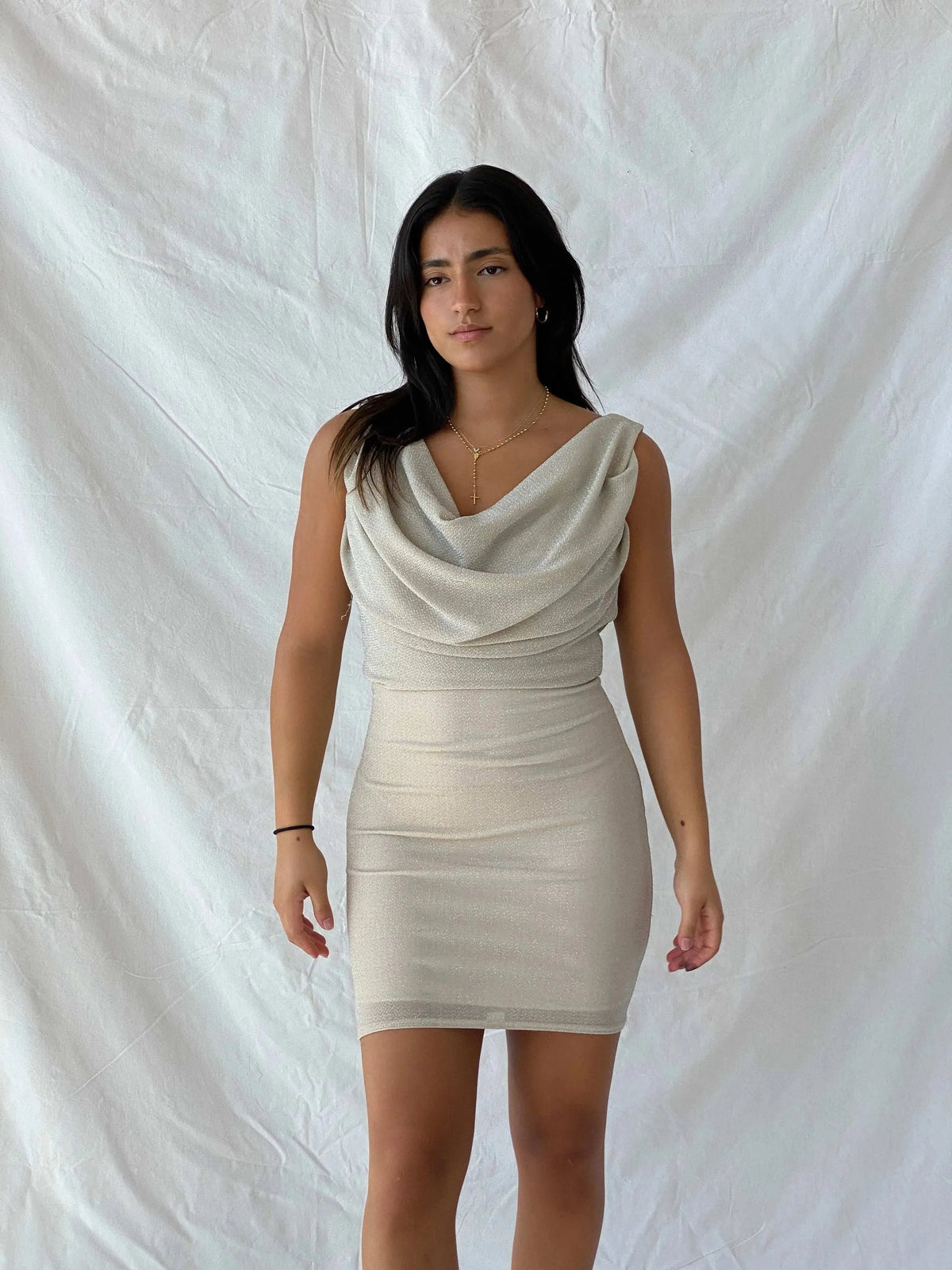Elegant 00s Jane Norman Cream Shimmery Cowl Neck knee-Length Dress