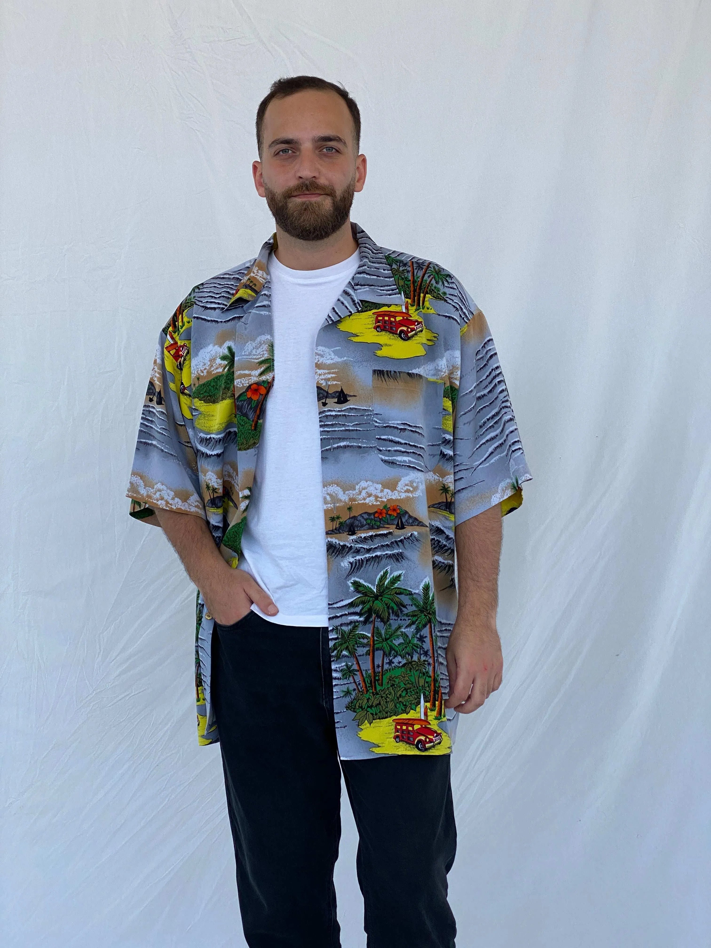 00s Koman Sport Hawaiian Palm Trees Button Shirt - Balagan Vintage Half Sleeve Shirt 90s, half sleeve shirt, Hawaiian shirt, Iyad, mens shirt, printed shirt