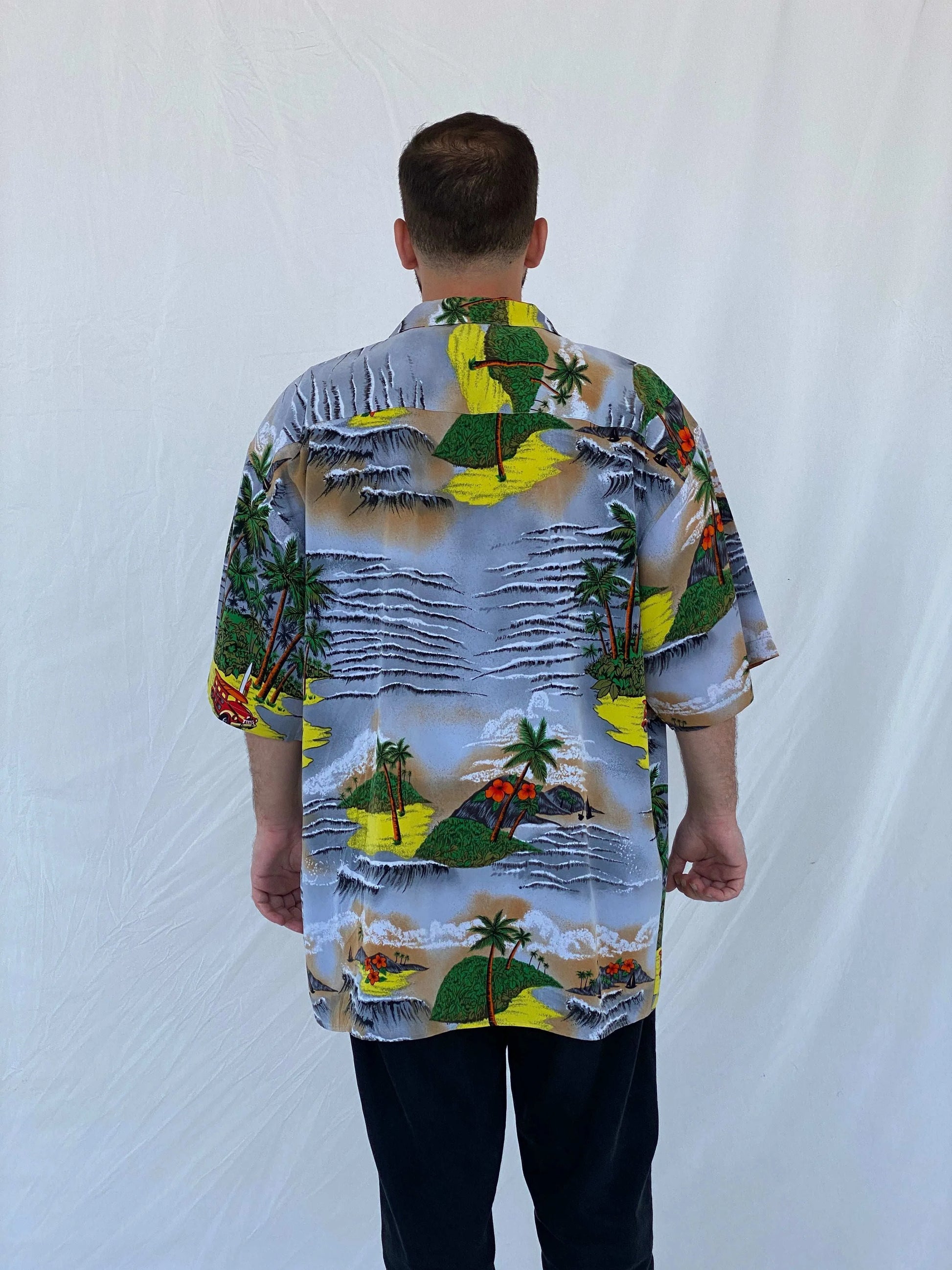 00s Koman Sport Hawaiian Palm Trees Button Shirt - Balagan Vintage Half Sleeve Shirt 90s, half sleeve shirt, Hawaiian shirt, Iyad, mens shirt, printed shirt