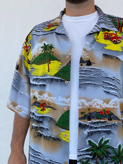 00s Koman Sport Hawaiian Palm Trees Button Shirt - Balagan Vintage Half Sleeve Shirt 90s, half sleeve shirt, Hawaiian shirt, Iyad, mens shirt, printed shirt