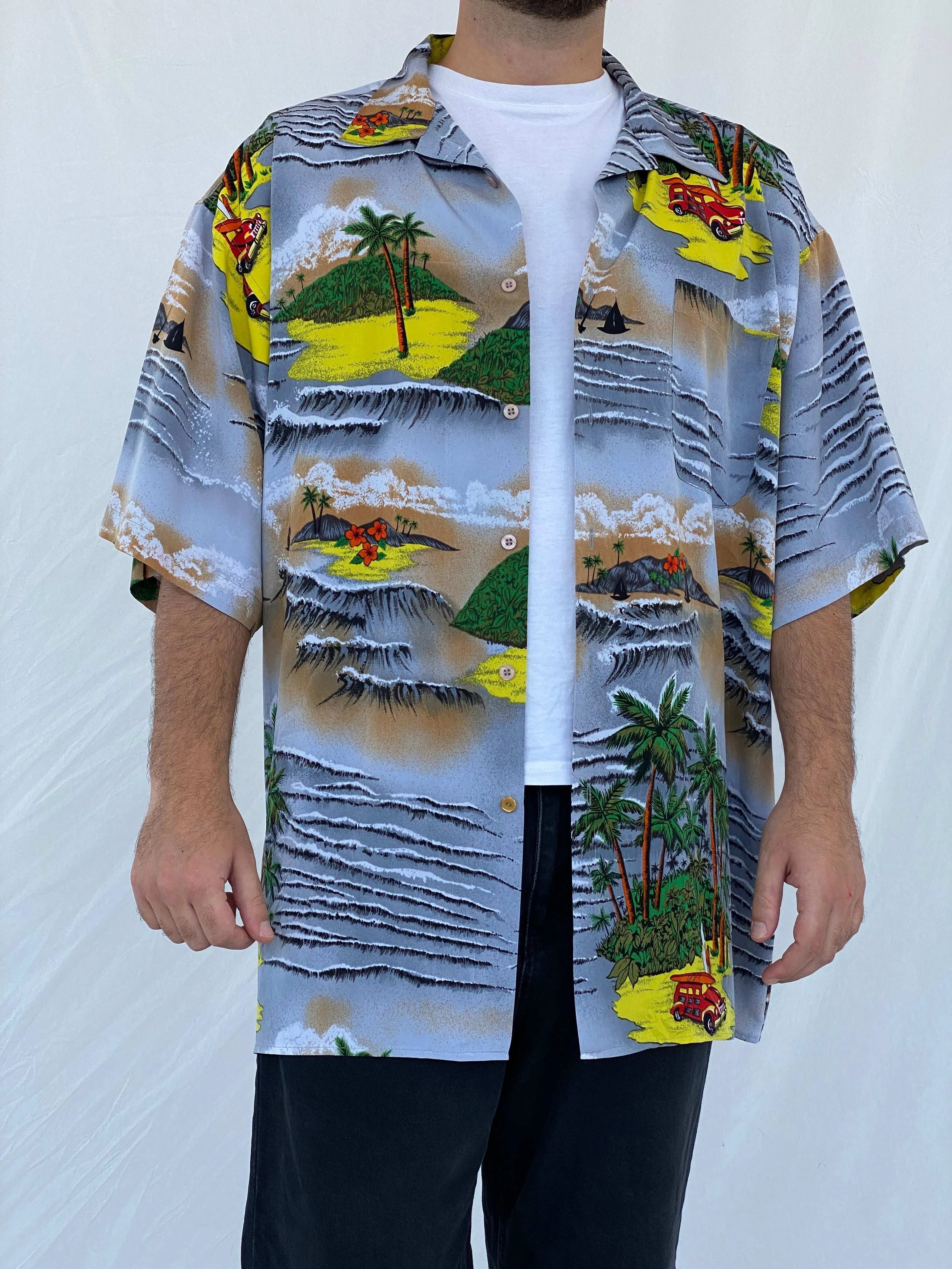 00s Koman Sport Hawaiian Palm Trees Button Shirt - Balagan Vintage Half Sleeve Shirt 90s, half sleeve shirt, Hawaiian shirt, Iyad, mens shirt, printed shirt
