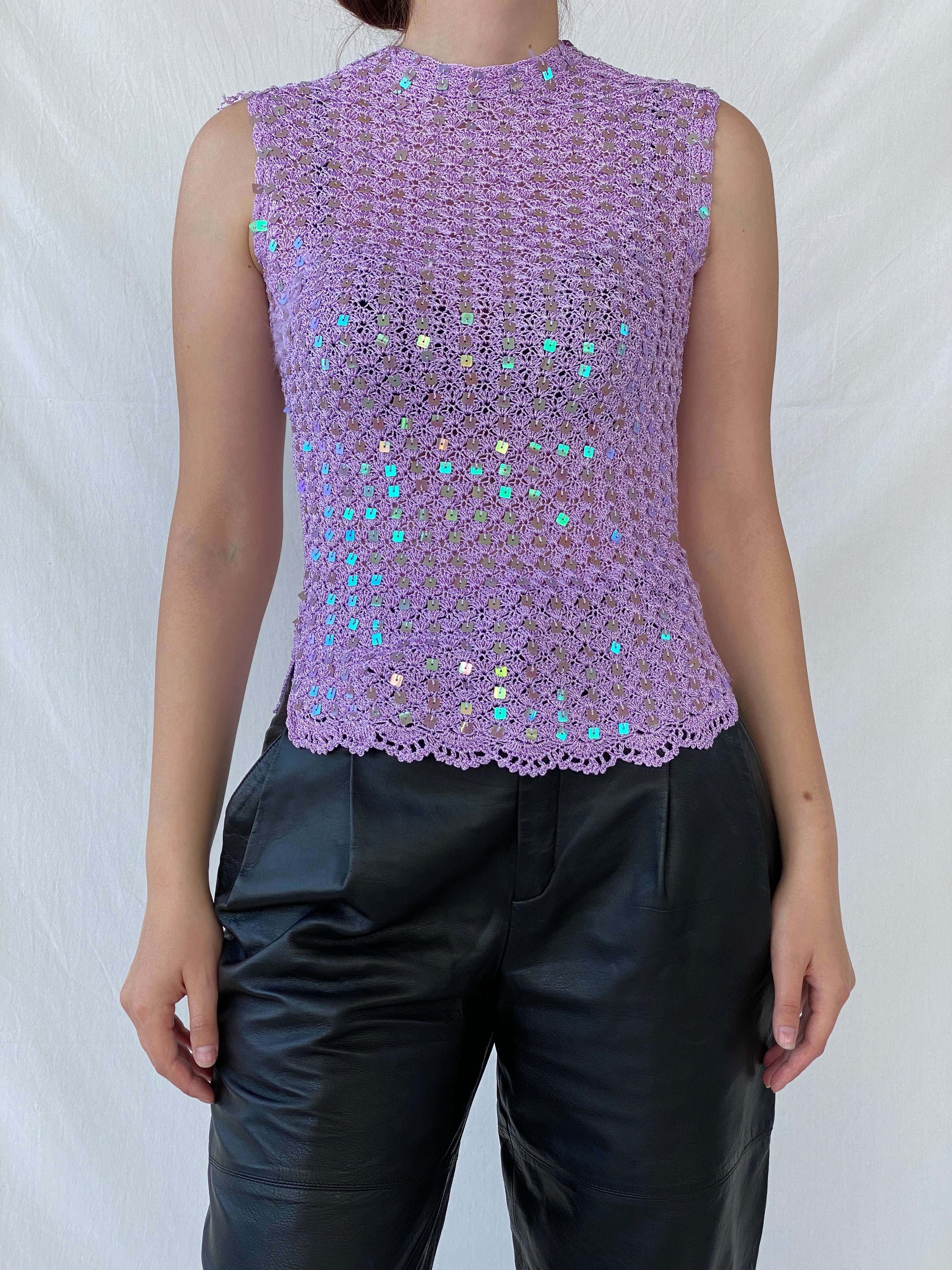 00s Lilac Knitted Crochet Sequined Sleeveless Women’s Top - S - Balagan Vintage Sleeveless Top Ayah, crochet, sleeveless top