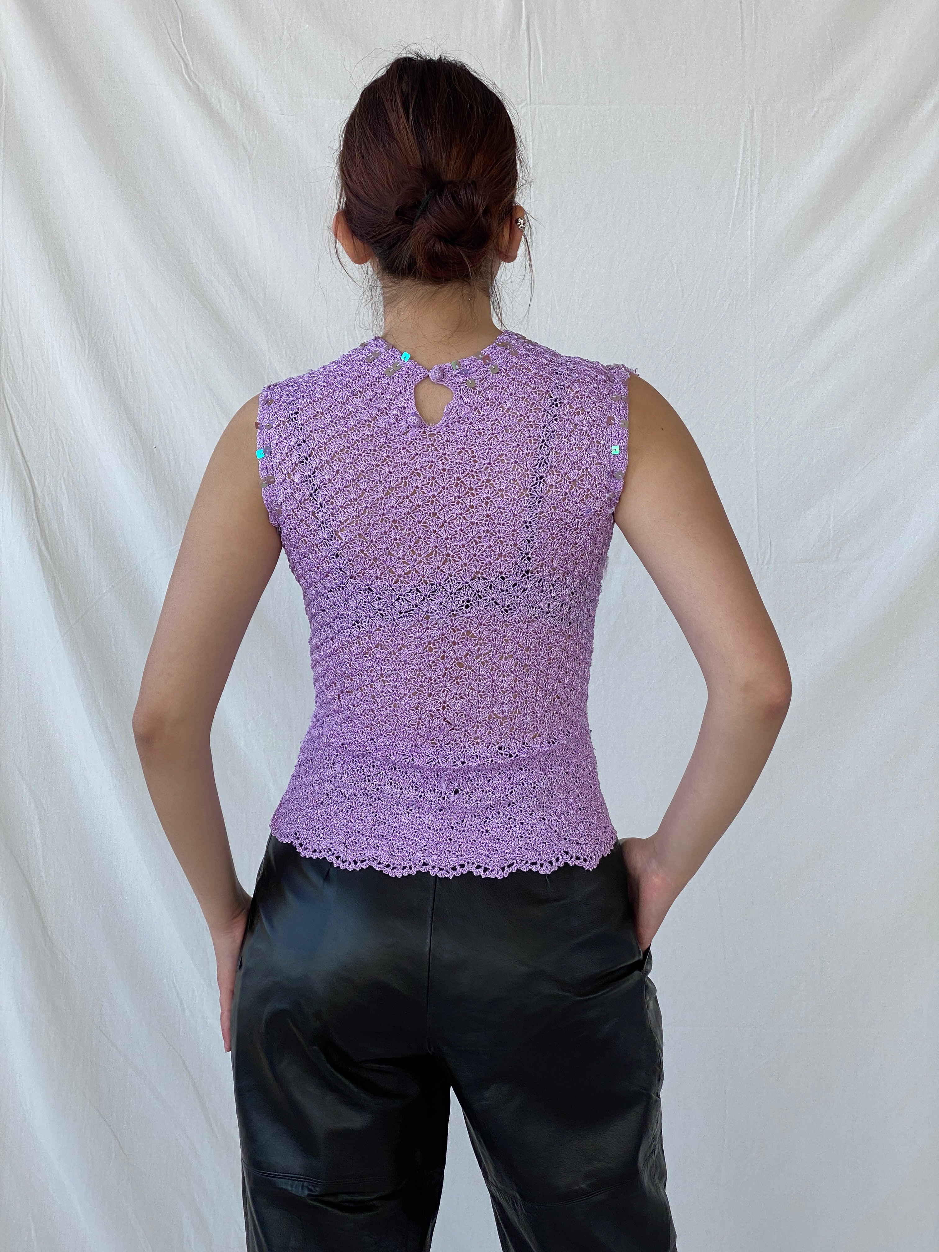 00s Lilac Knitted Crochet Sequined Sleeveless Women’s Top - S - Balagan Vintage Sleeveless Top Ayah, crochet, sleeveless top