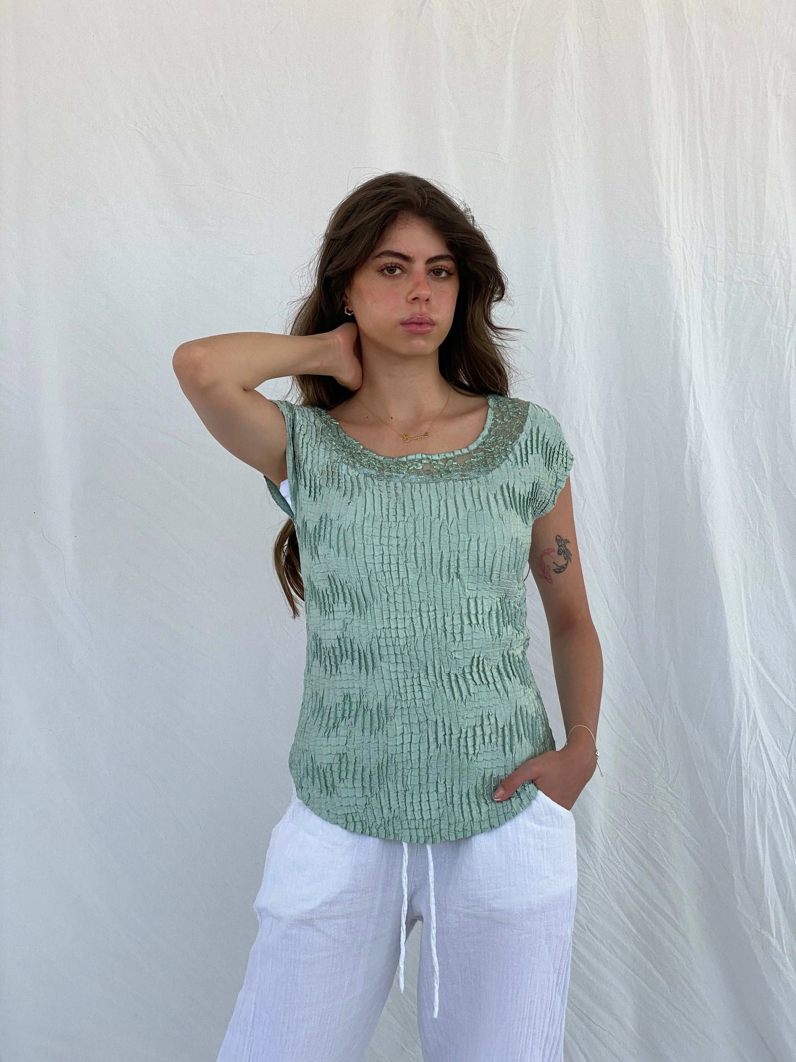 00s NICOLA Mint Green Scrunchie Textured Top with Lace Collar - M - Balagan Vintage Half Sleeve Top 00s, 90s, Mira, shimmer, women top