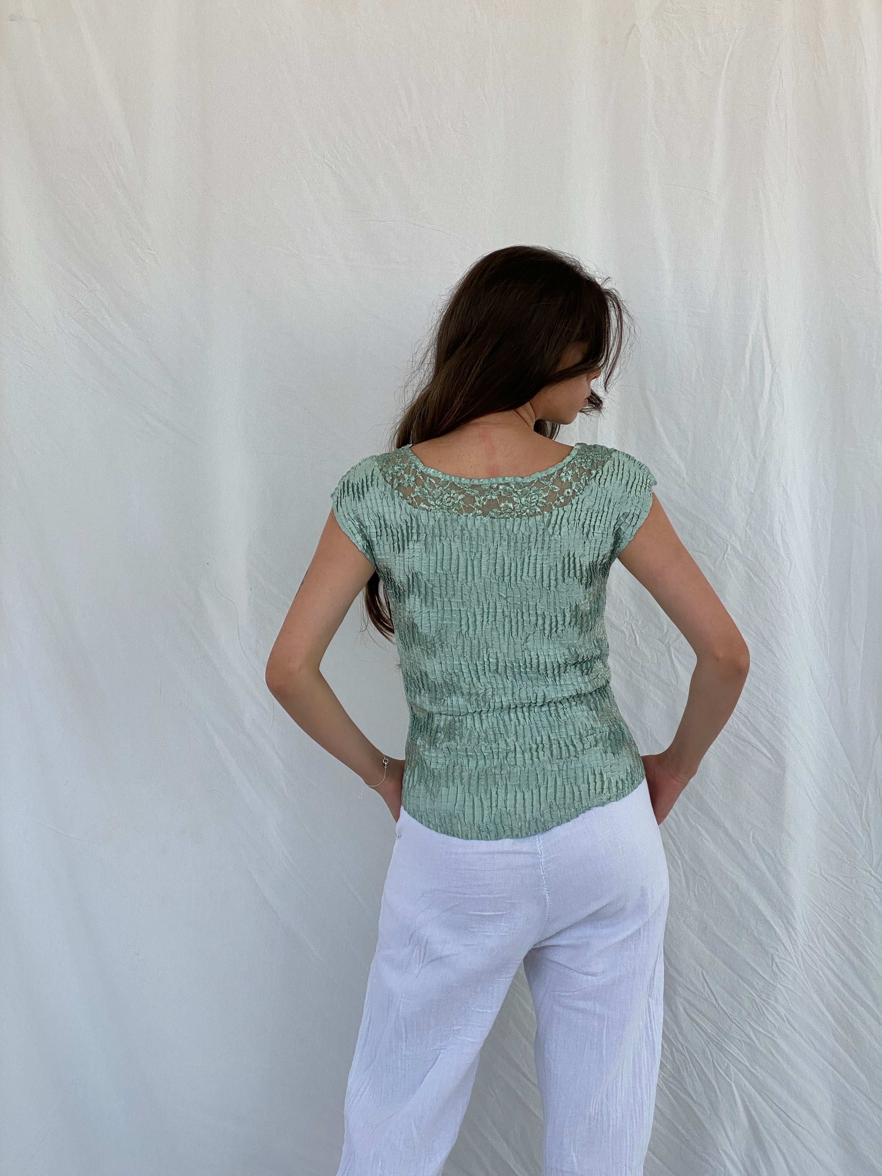 00s NICOLA Mint Green Scrunchie Textured Top with Lace Collar - M - Balagan Vintage Half Sleeve Top 00s, 90s, Mira, shimmer, women top