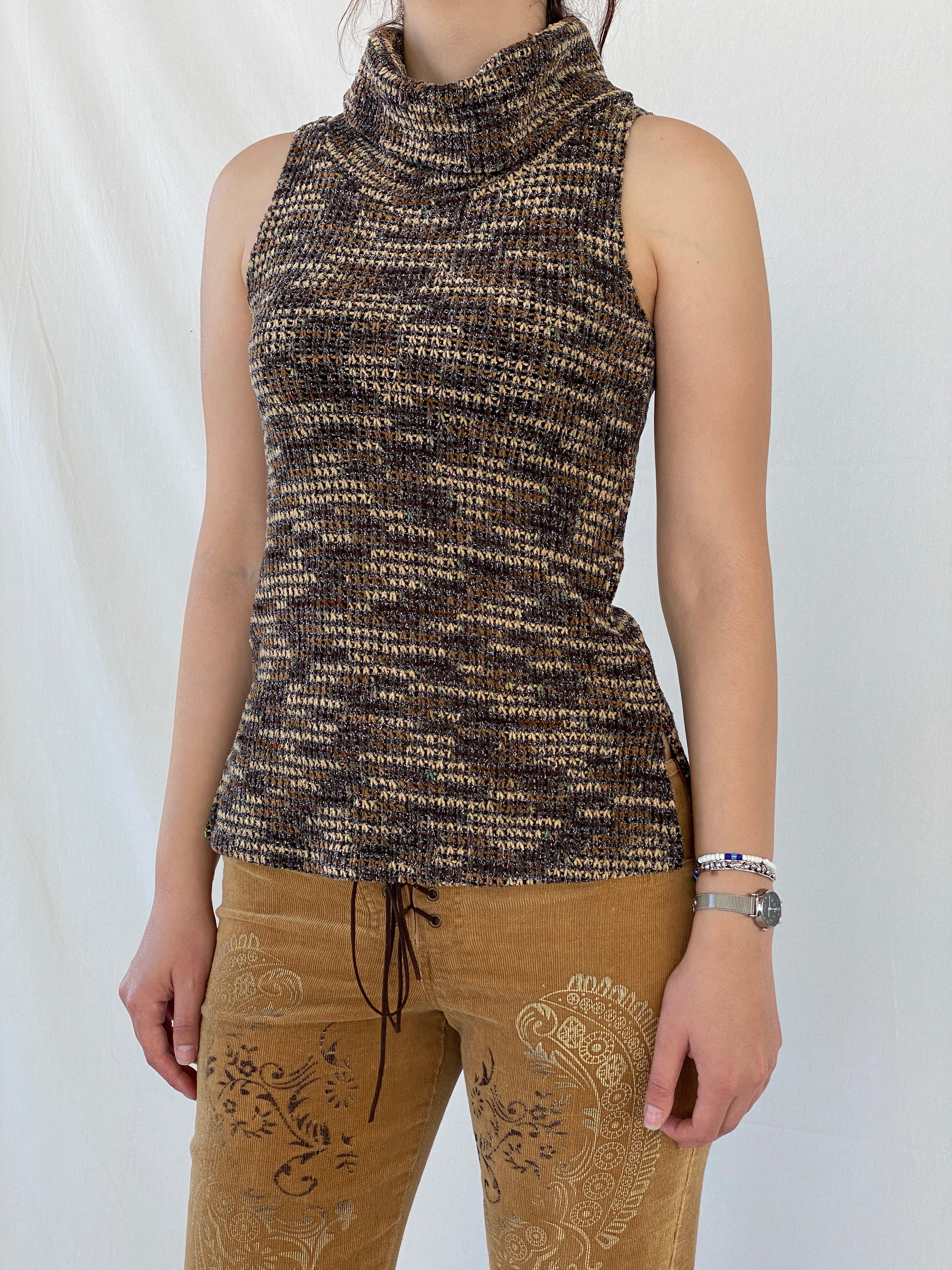 00s Papaya Clothing Shimmery Knitted Brown Sleeveless Top - L - Balagan Vintage Sleeveless Top 00s, Ayah, knitted, knitted sweater, sleeveless top