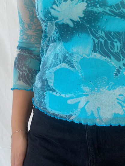 00s Per Una Blue Floral Graphic Women’s Long Sleeve Mesh Top - L - Balagan Vintage Full Sleeve Top 00s, Dina, mesh top, women top
