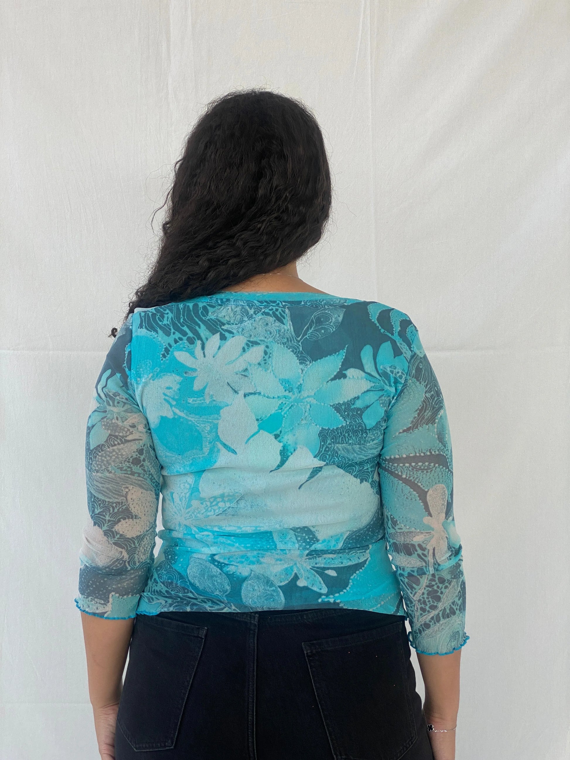 00s Per Una Blue Floral Graphic Women’s Long Sleeve Mesh Top - L - Balagan Vintage Full Sleeve Top 00s, Dina, mesh top, women top