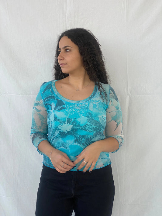 00s Per Una Blue Floral Graphic Women’s Long Sleeve Mesh Top - L - Balagan Vintage Full Sleeve Top 00s, Dina, mesh top, women top